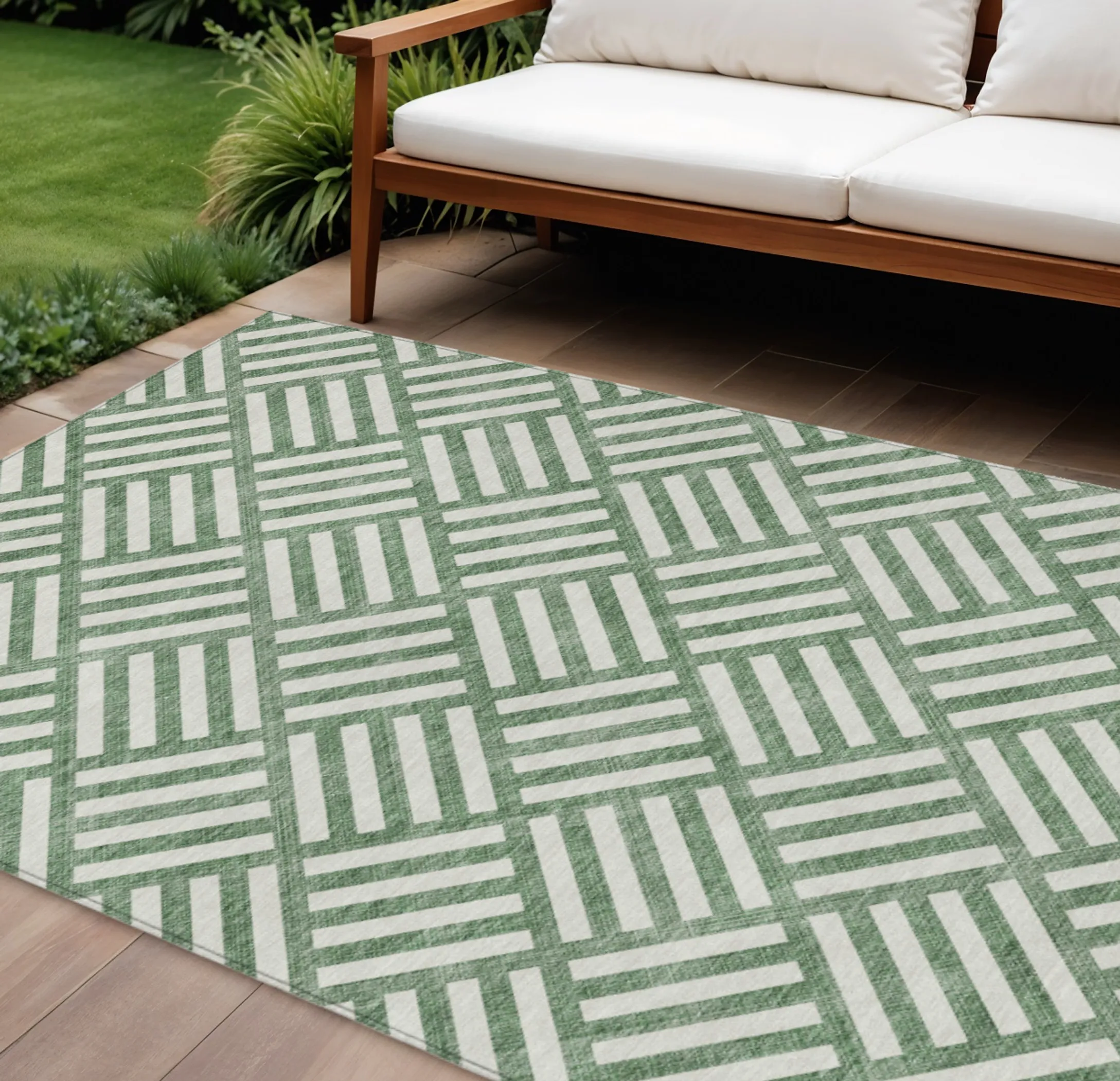 10' X 14' Green And Ivory Geometric Washable Indoor Outdoor Area Rug
