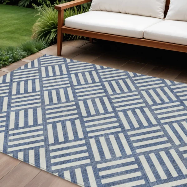 9' X 12' Navy Blue And Ivory Geometric Washable Indoor Outdoor Area Rug