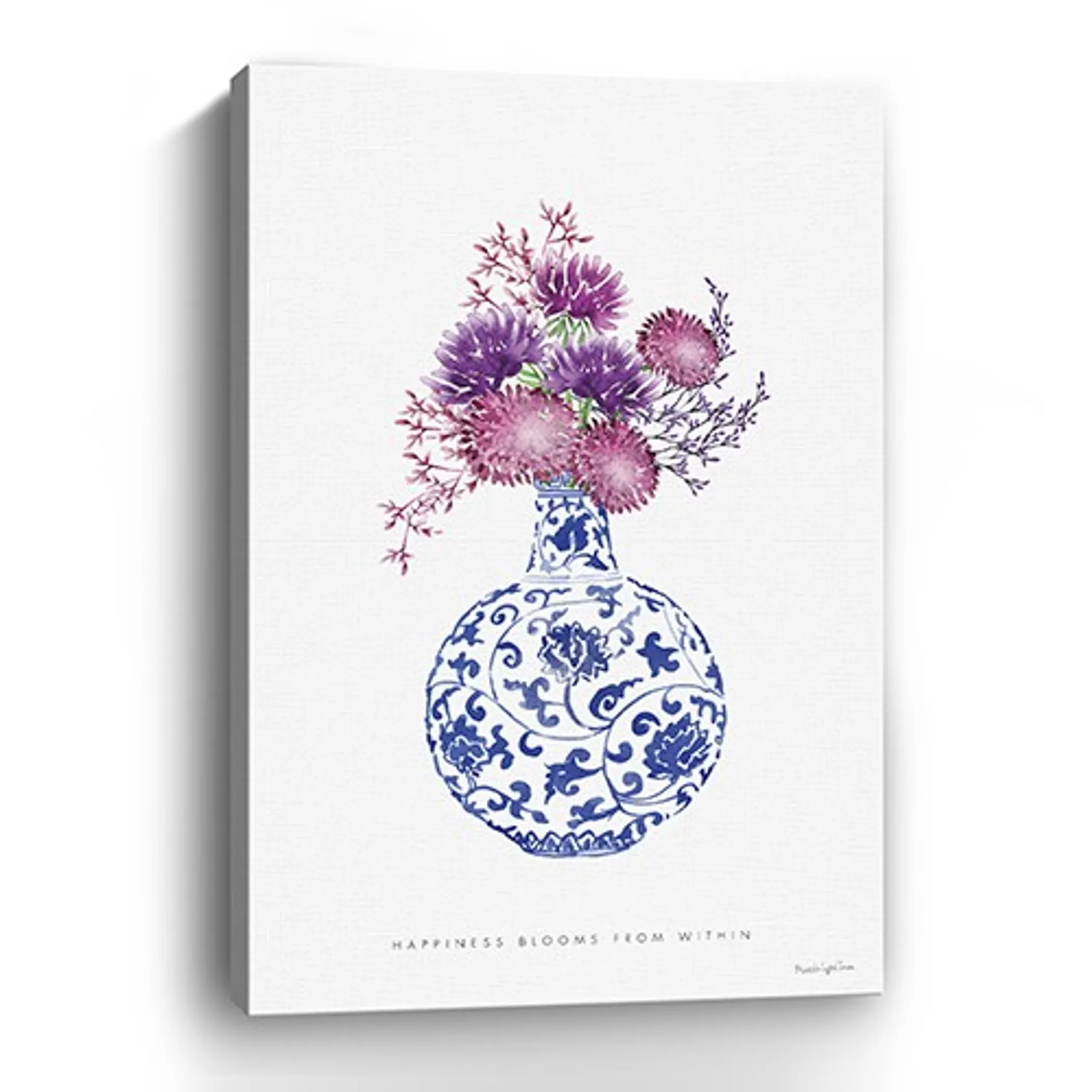 48" x 32" Blue and White Happiness Floral Vase Canvas Wall Art - Image 2