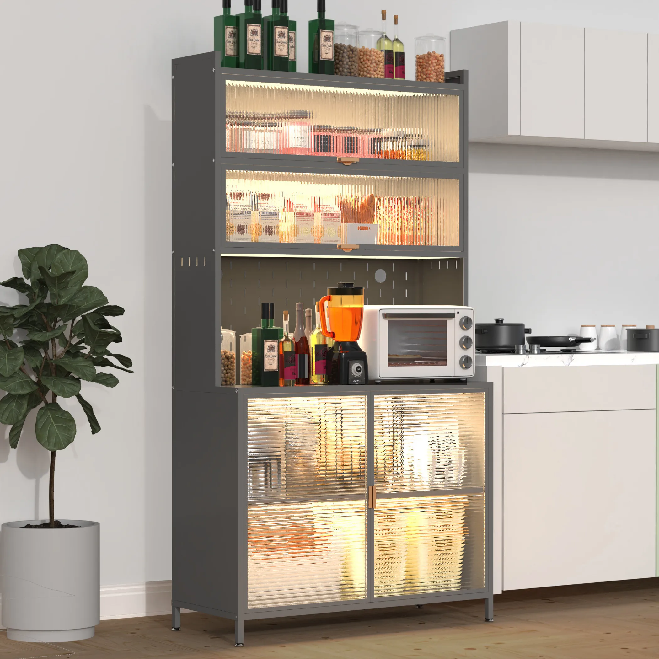 Stainless Steel Textured Door Dining Hutch With Two Doors - Image 5