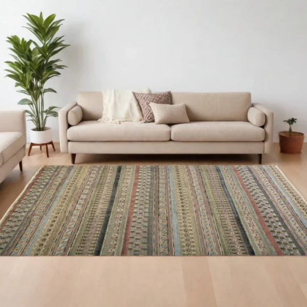 8' X 10' Tan Blue and Orange Striped Hand Knotted Area Rug