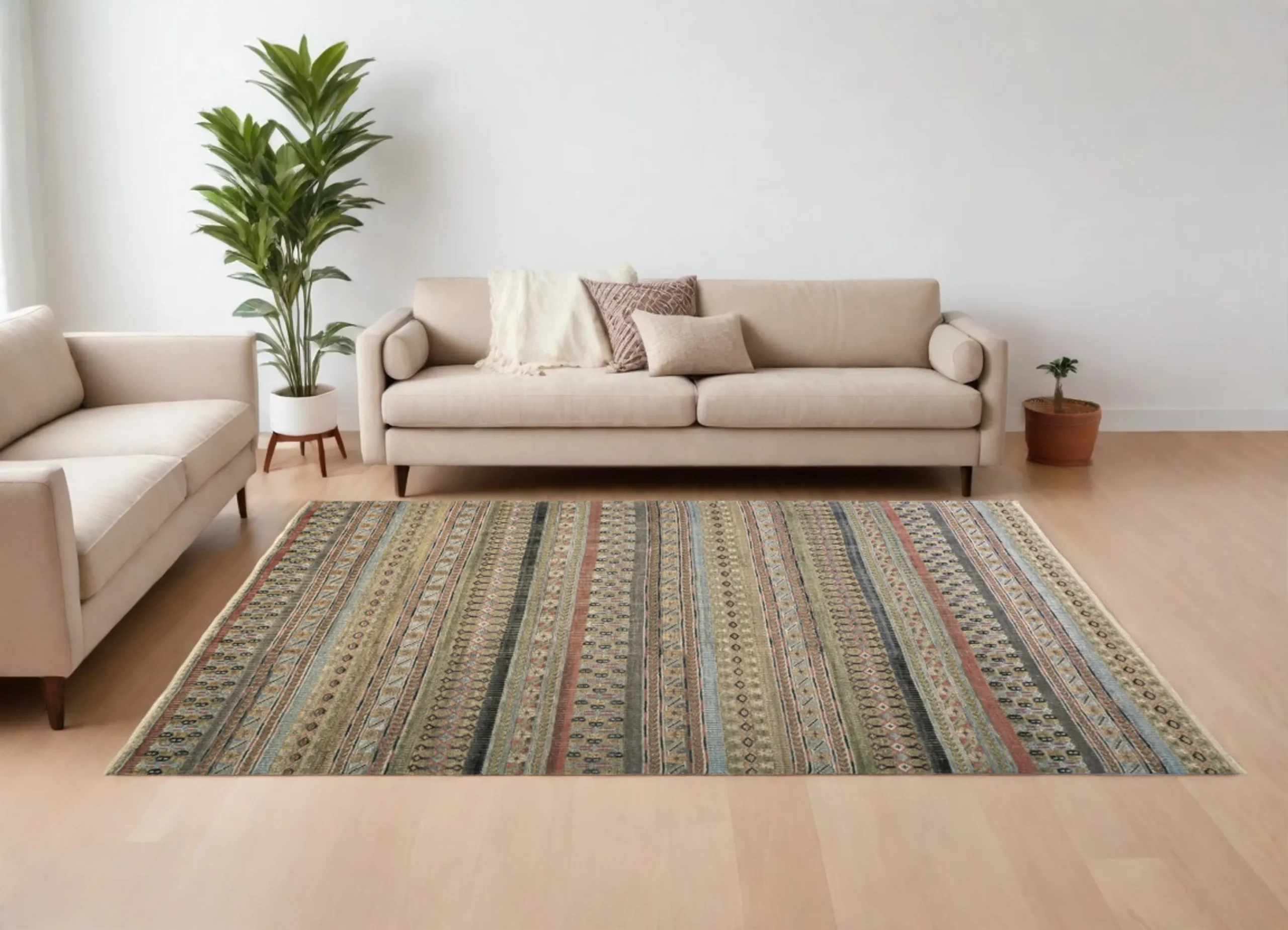 8' X 10' Tan Blue and Orange Striped Hand Knotted Area Rug