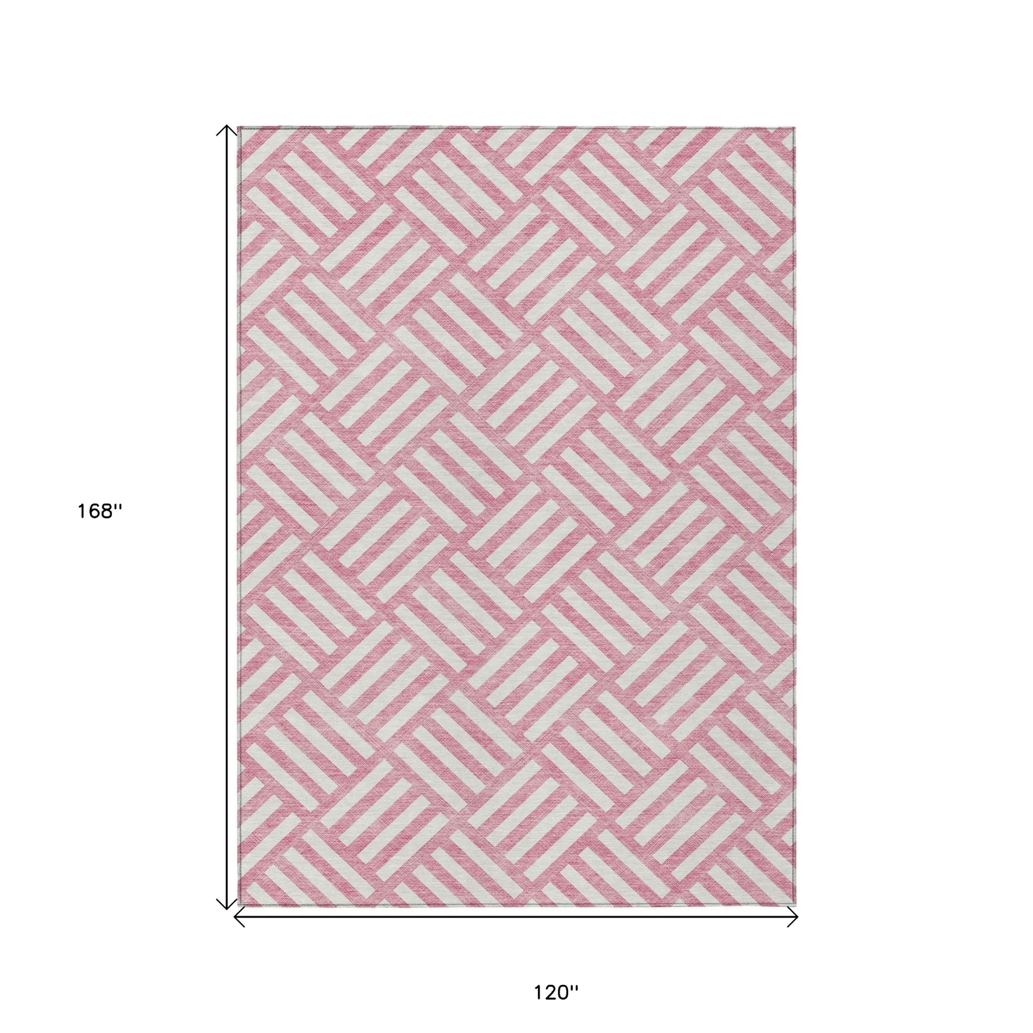 10' X 14' Pink And Ivory Geometric Washable Indoor Outdoor Area Rug - Image 3