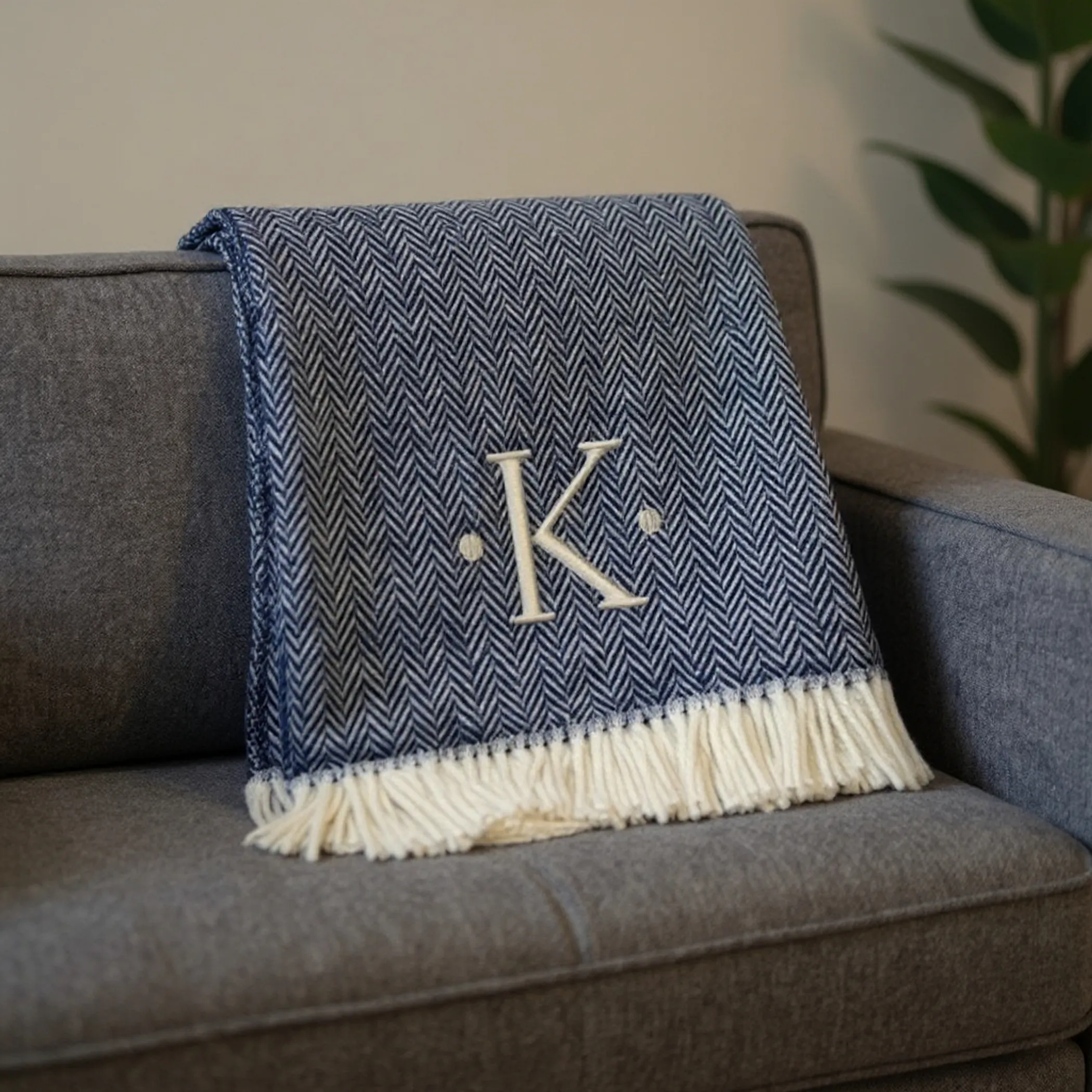 Herringbone Cotton Blend K Initial Throw Blanket with Tassels And Embroidery - Image 2