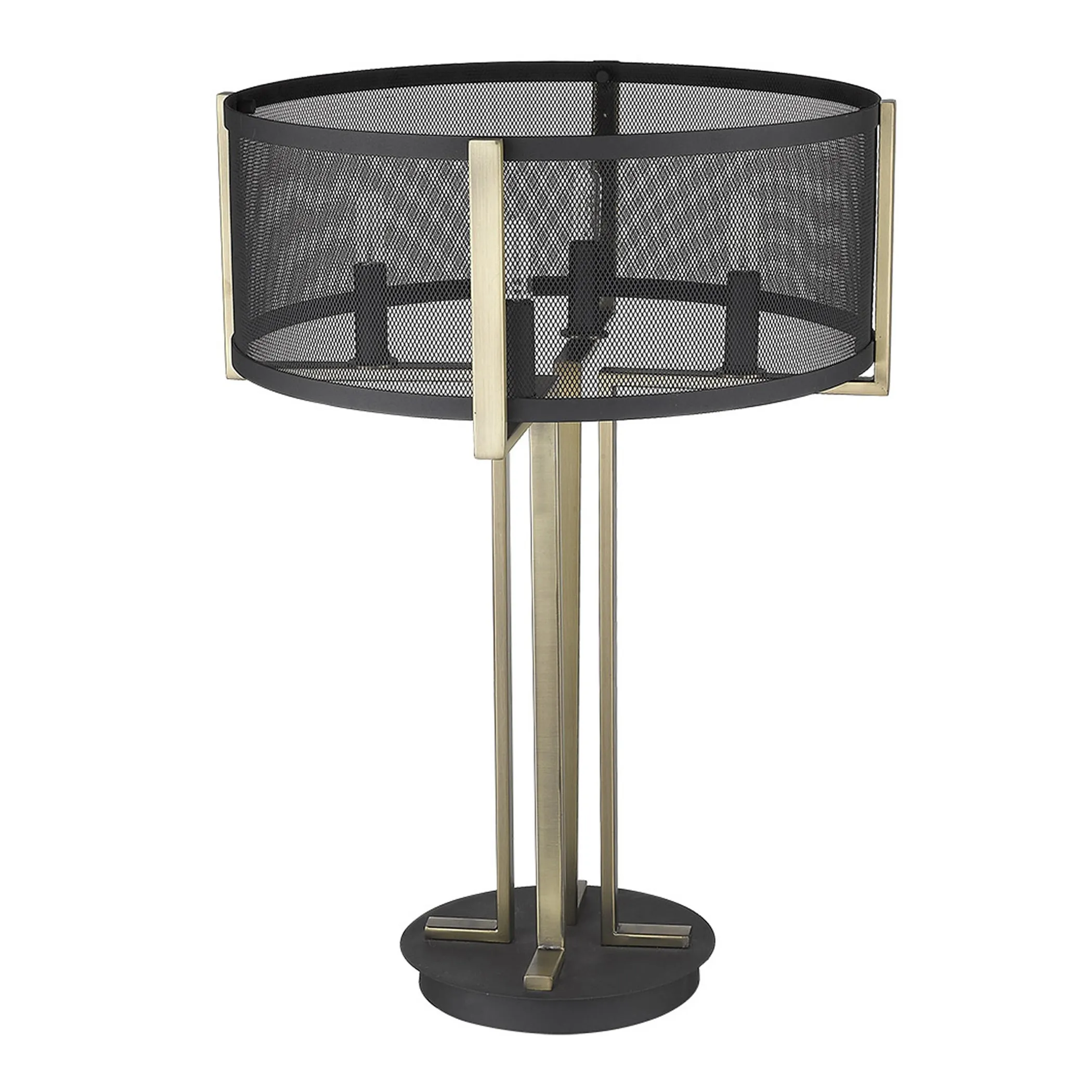 25" Brass Metal Four Light Geometric Table Lamp With Black Drum Shade - Image 5