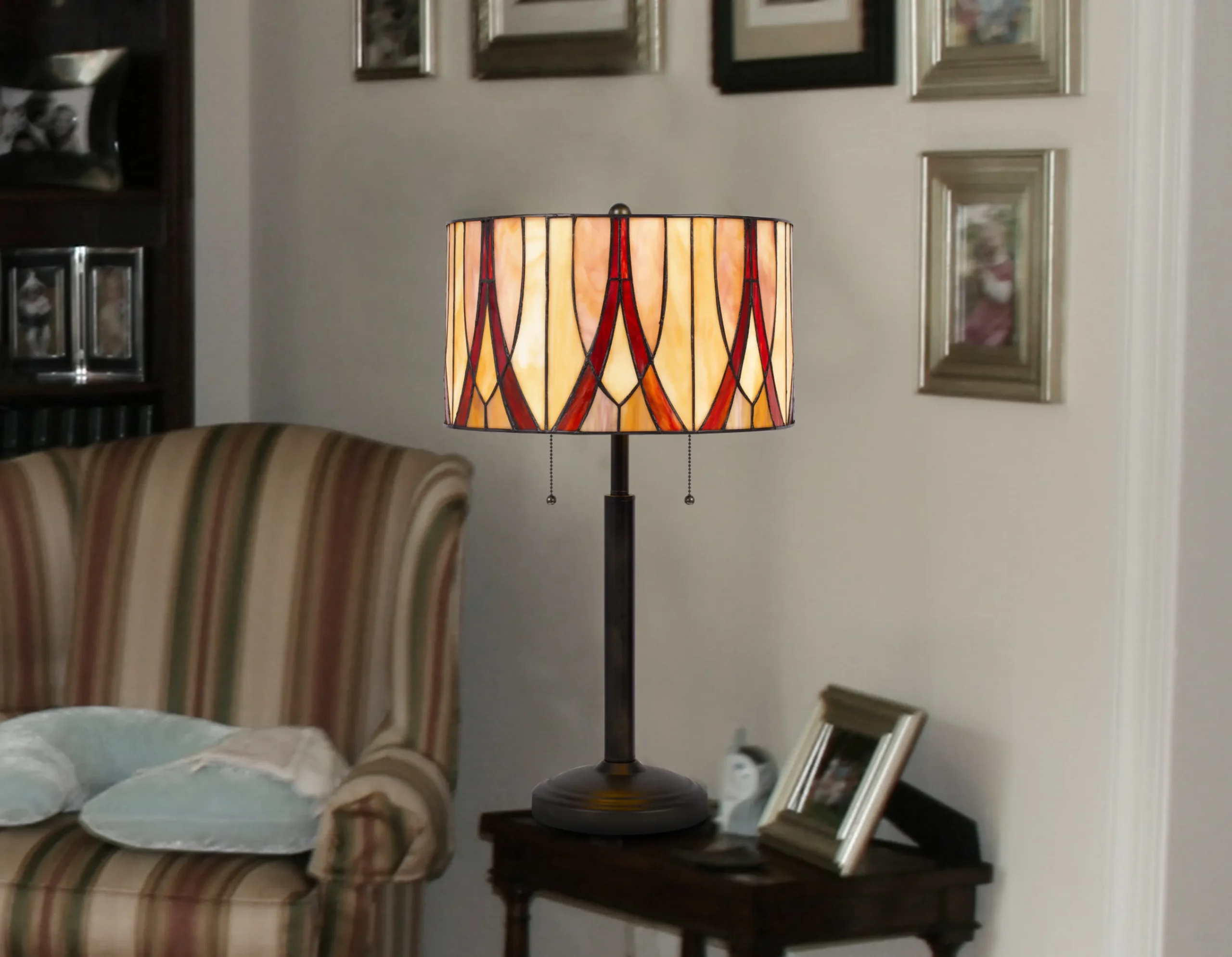 24" Bronze Metal Two Light Table Lamp With Red And Ivory Drum Shade - Image 5