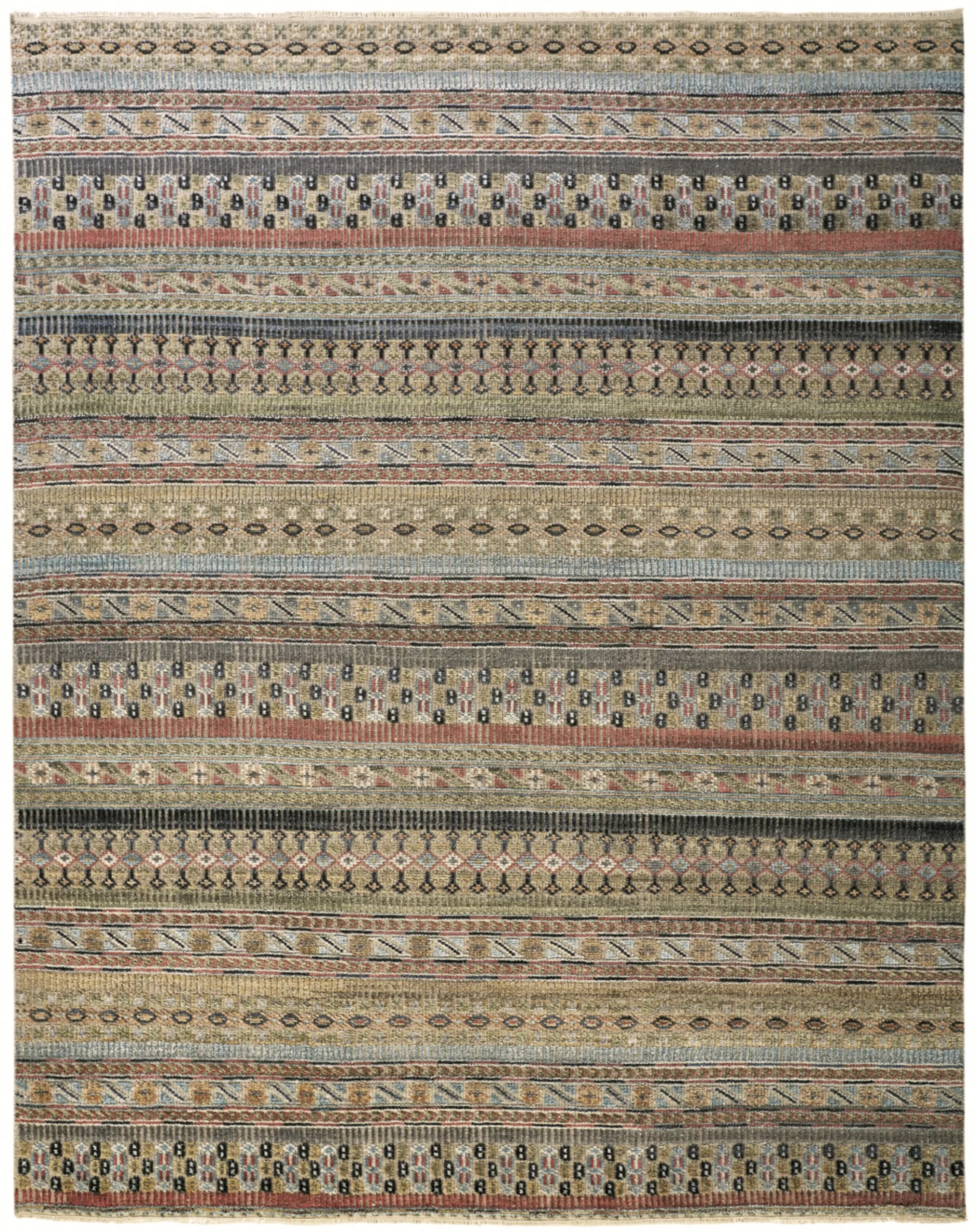 8' X 10' Tan Blue and Orange Striped Hand Knotted Area Rug - Image 4