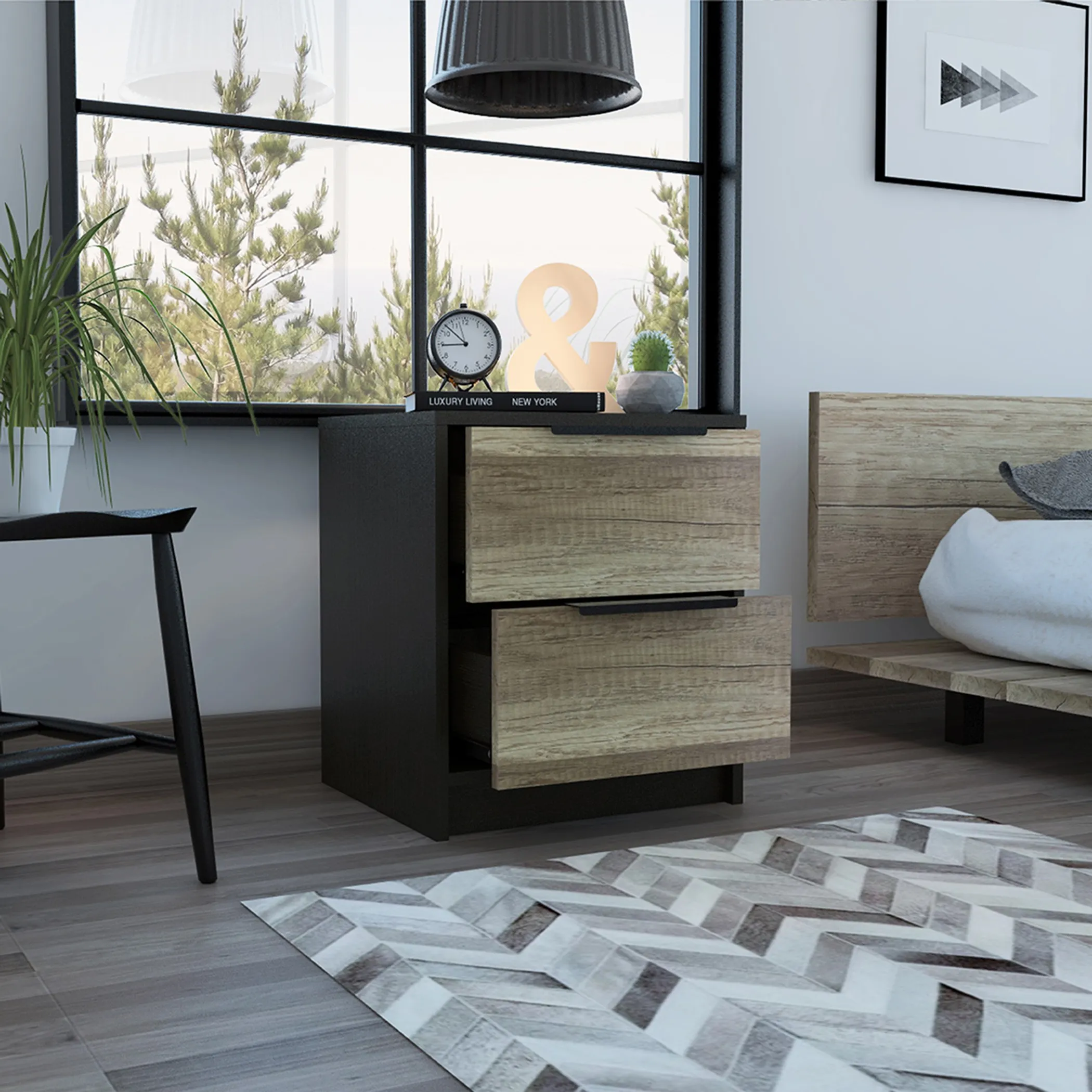 Black Open Compartment Two Drawer Nightstand - Image 5