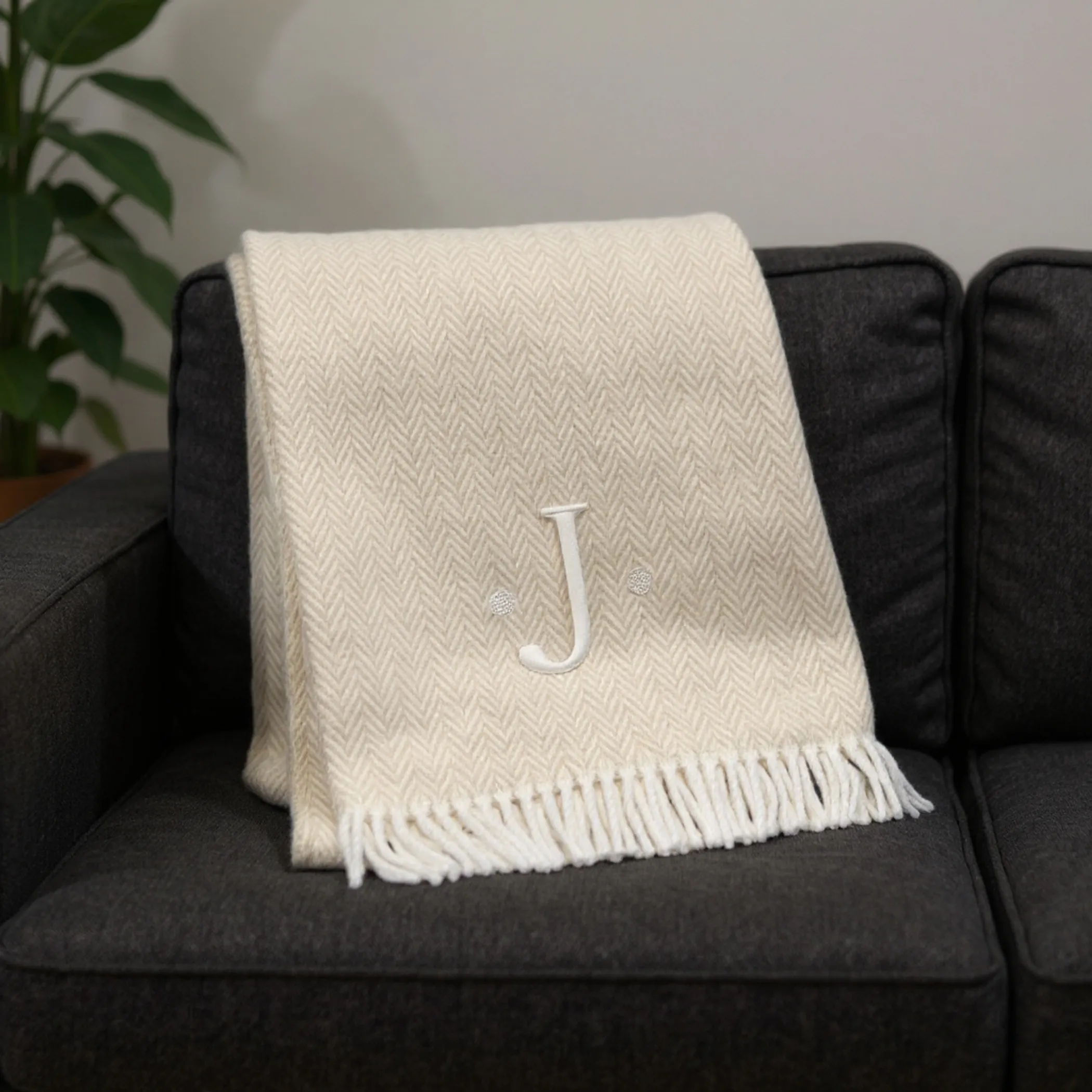 Herringbone Cotton Blend J Throw Blanket with Tassels And Embroidery - Image 2
