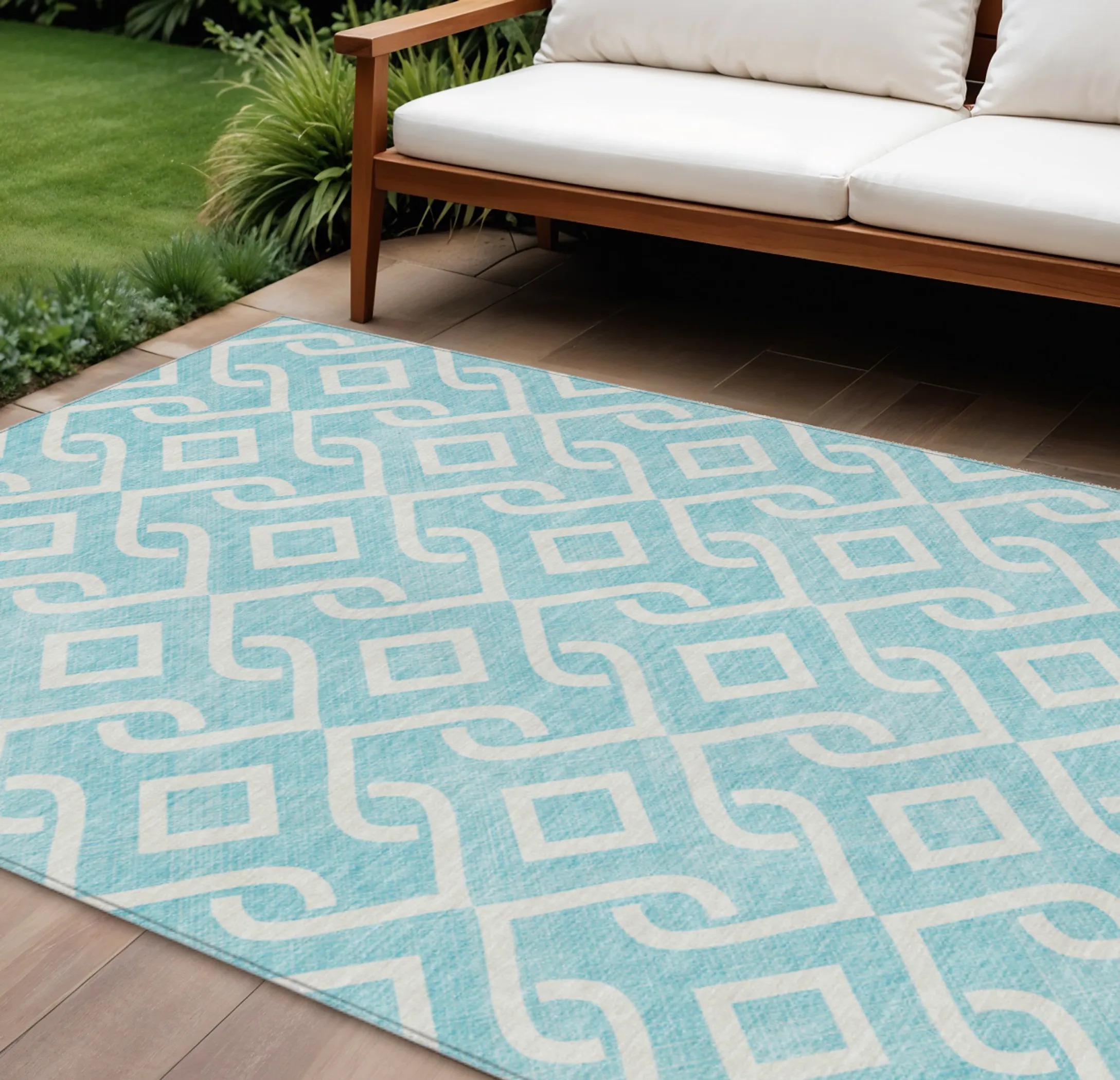 9' X 12' Aqua And Ivory Geometric Washable Indoor Outdoor Area Rug