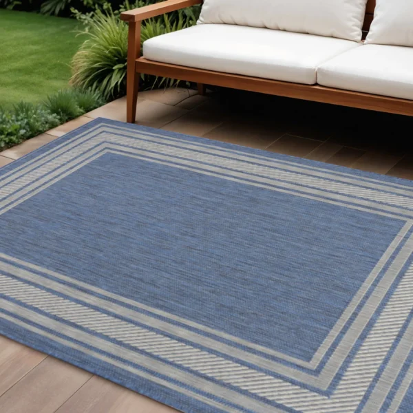6' X 9' Denim Blue And Ivory Geometric Indoor Outdoor Area Rug