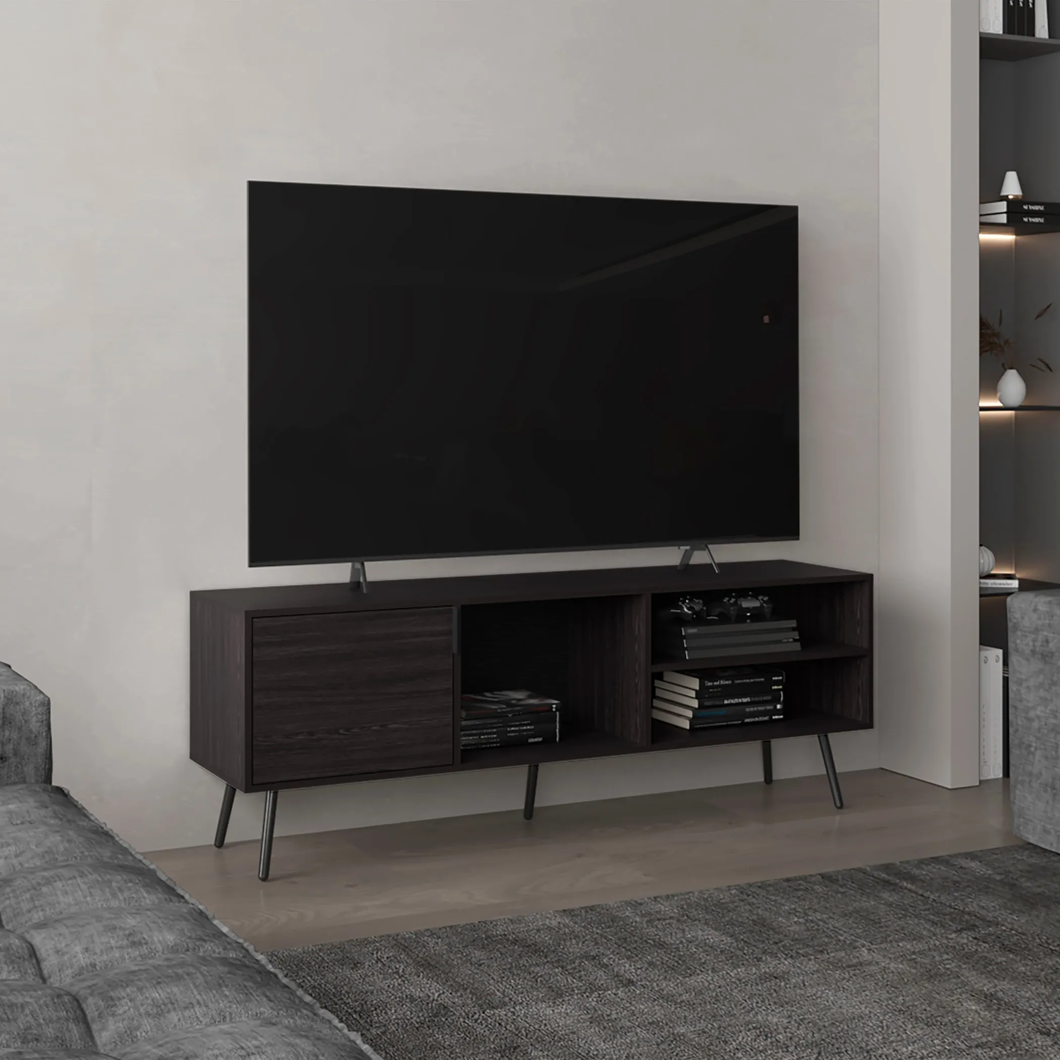 Vulcan 63" Wide Tv Stand with One Cabinet, Three Open Shelves - Image 4