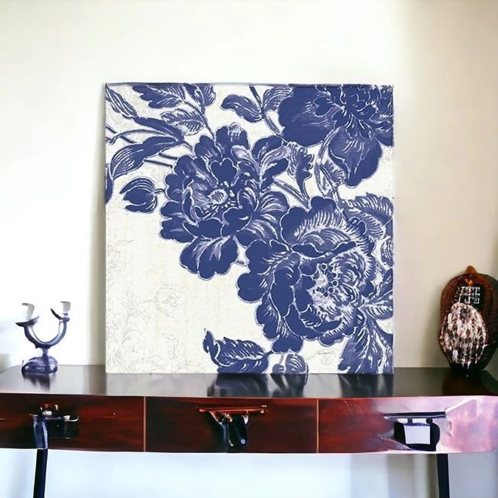 Blue Toile Rose Unframed Print Wall Art - Image 3