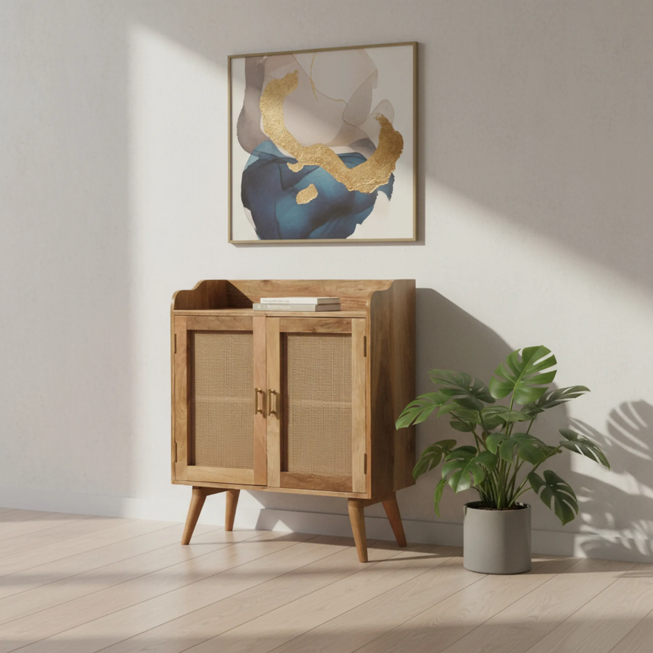Distressed Solid Wood Inlaid Rattan Accent Cabinet With Two Doors - Image 2