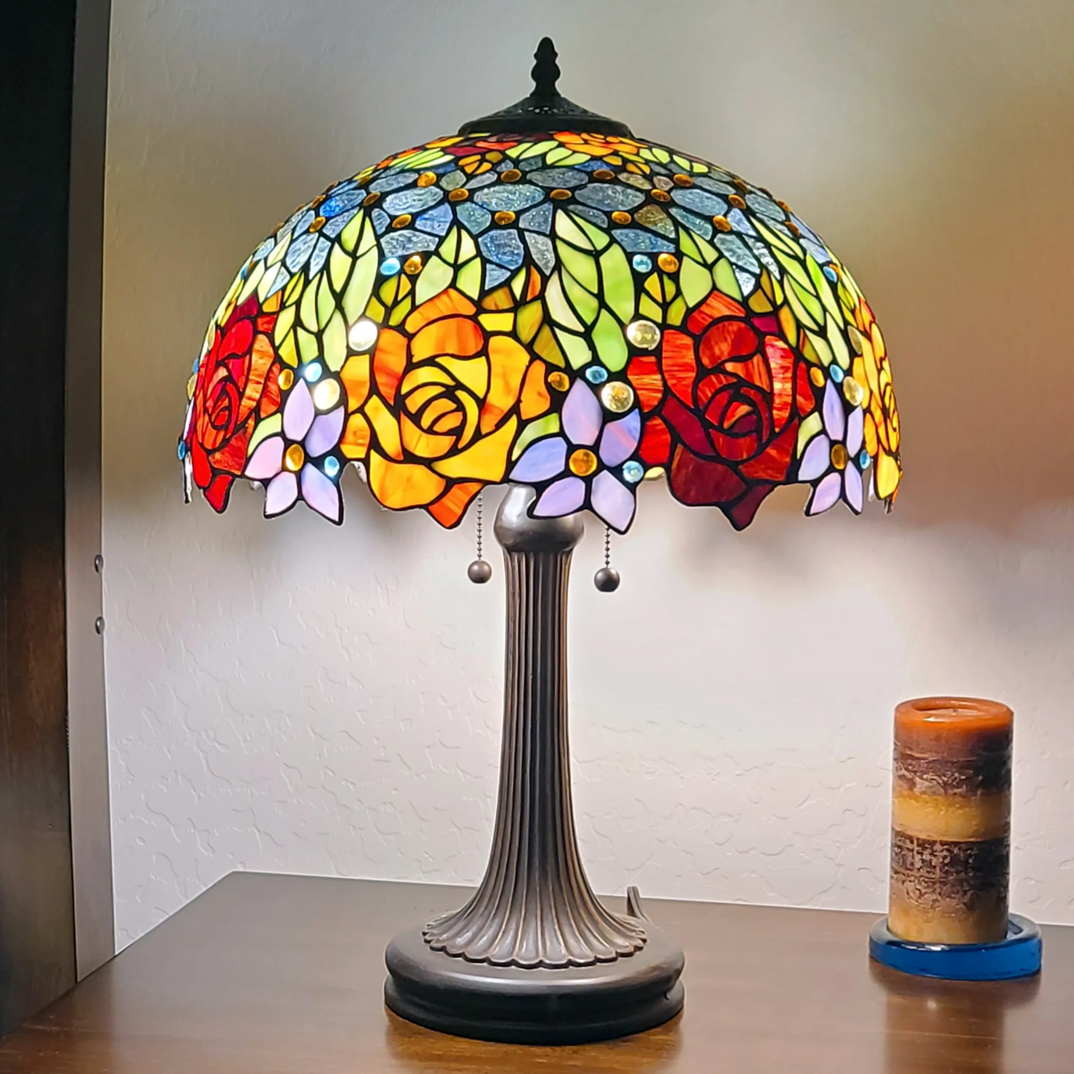 24" Dark Brown Metal Two Light Candlestick Table Lamp With Orange Shade - Image 6