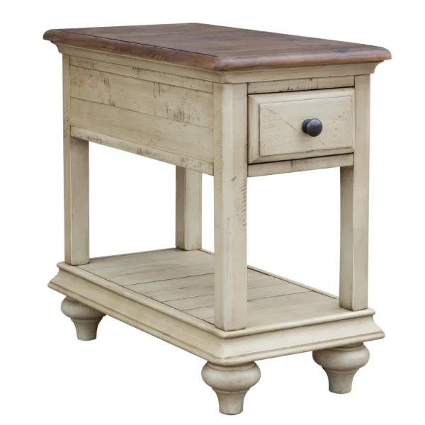 Sunset Trading Shades of Sand End Table | Fully Assembled | Narrow Nightstand | Drawer Shelf | Cream/Walnut Brown Solid Wood