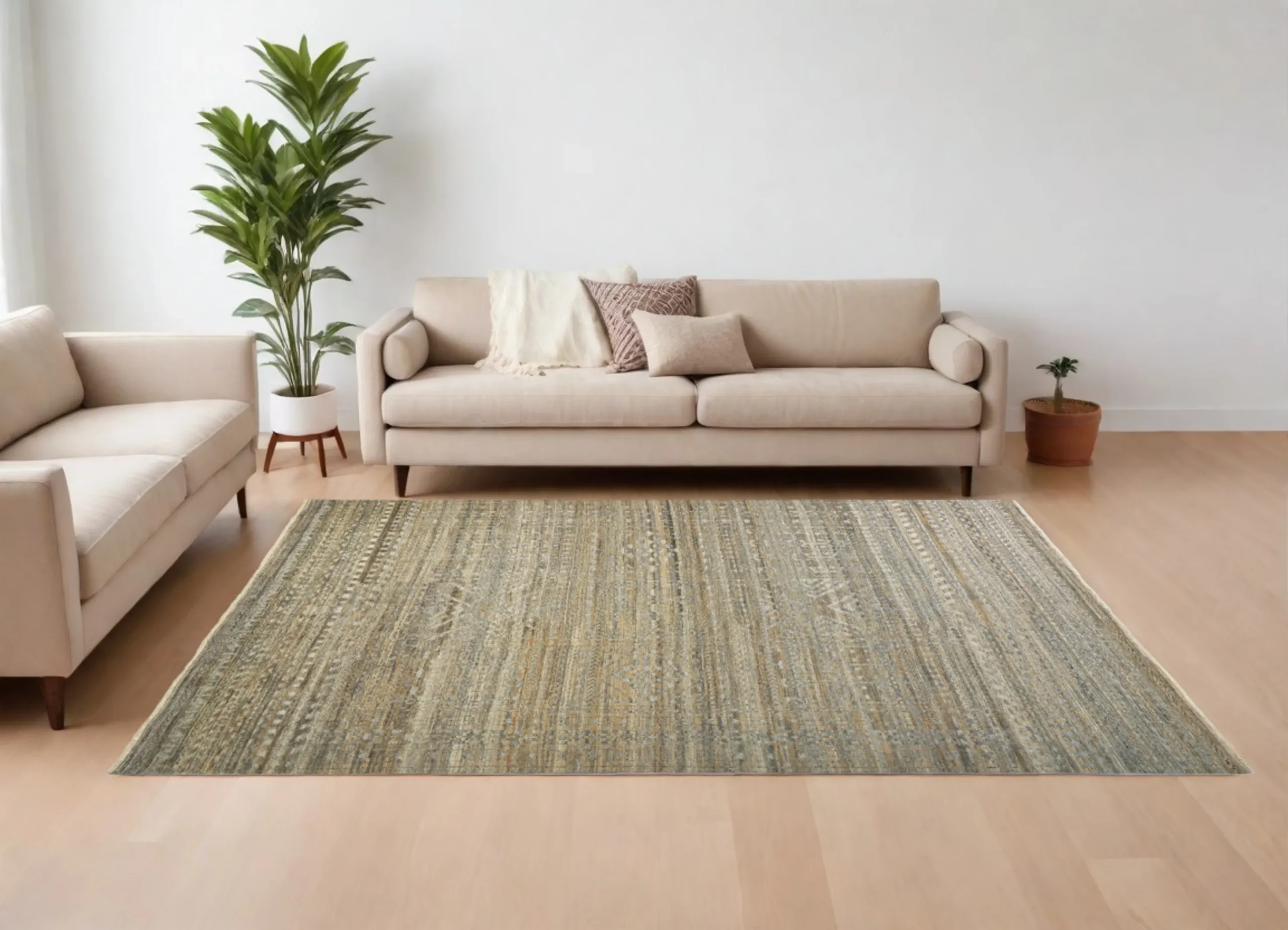 6' X 9' Gold and Tan Geometric Hand Knotted Worn Faded Area Rug - Image 2