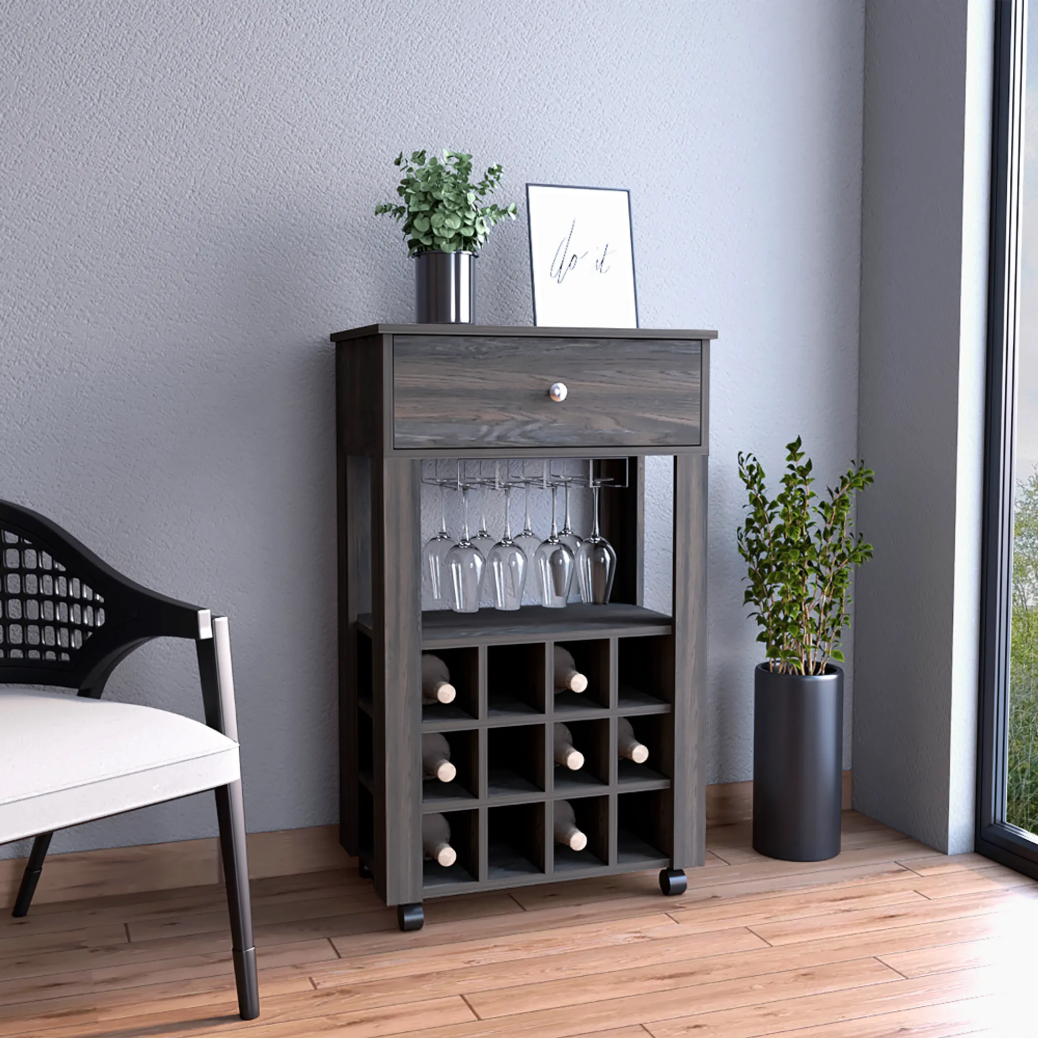 Memphis Bar Cart, Twelve Wine Cubbies, Four Legs, One Open Shelf - Image 4