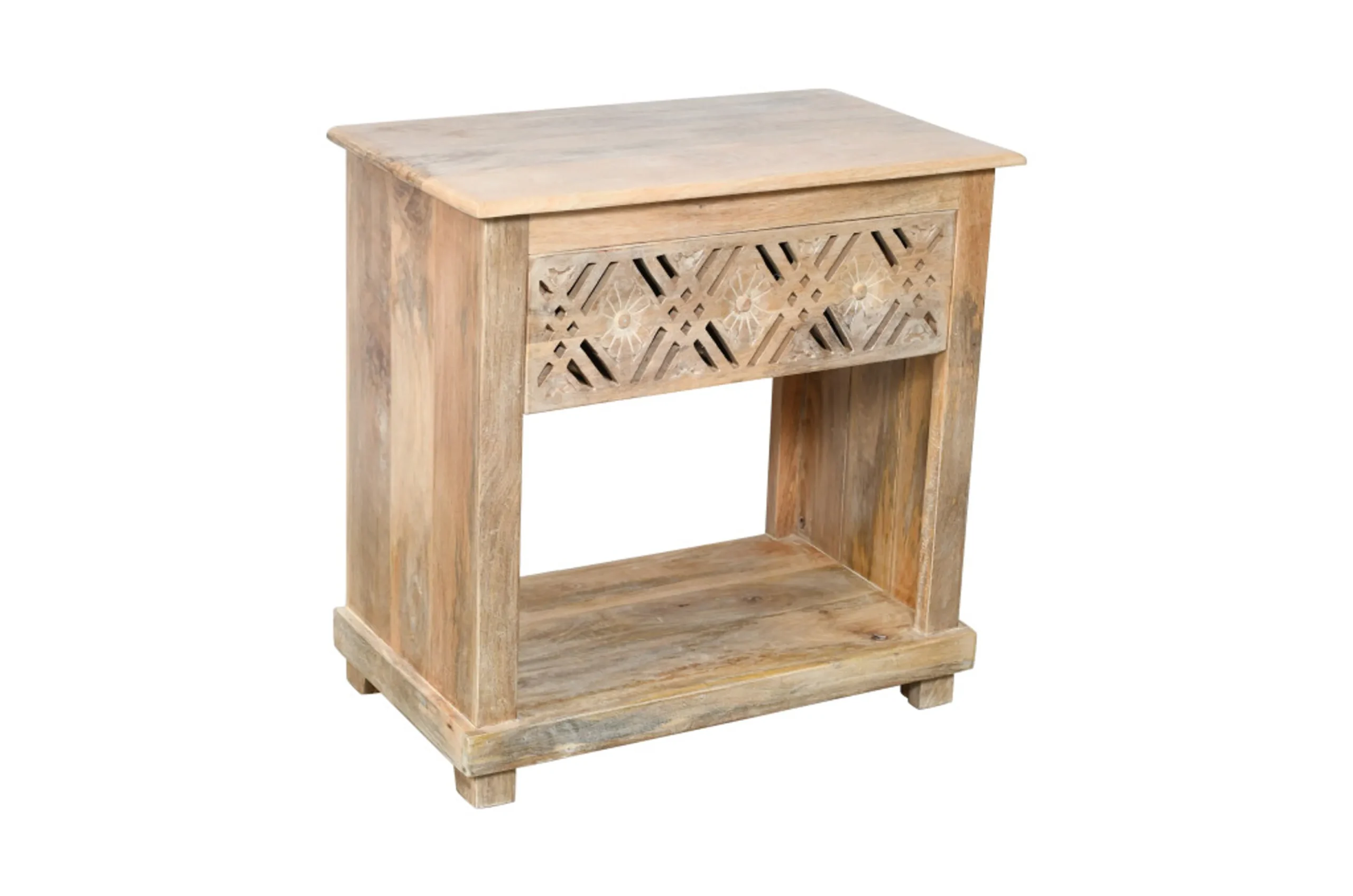 28" Natural Solid Wood Carved Geometric One Drawer Nightstand - Image 2