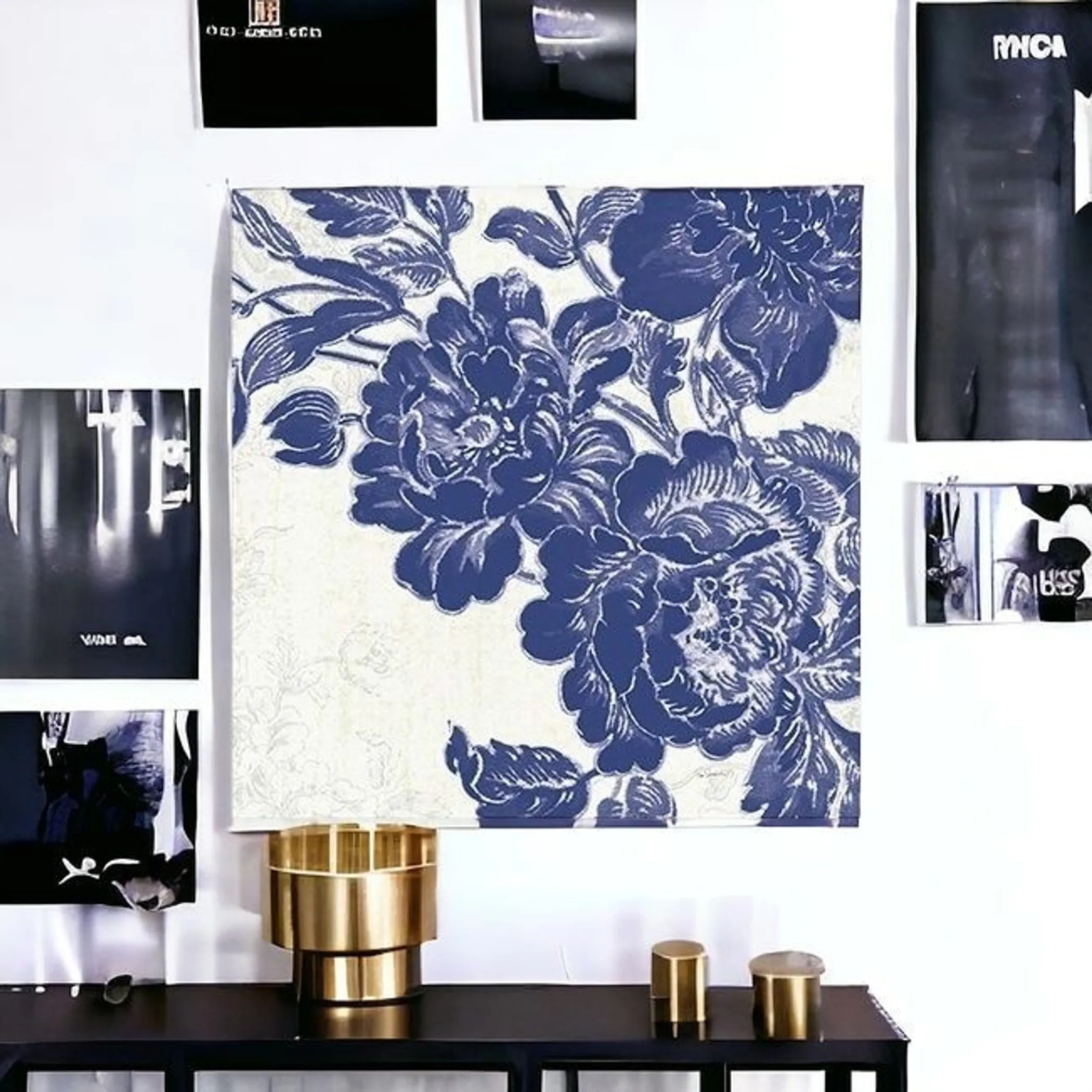 Blue Toile Rose Unframed Print Wall Art - Image 2
