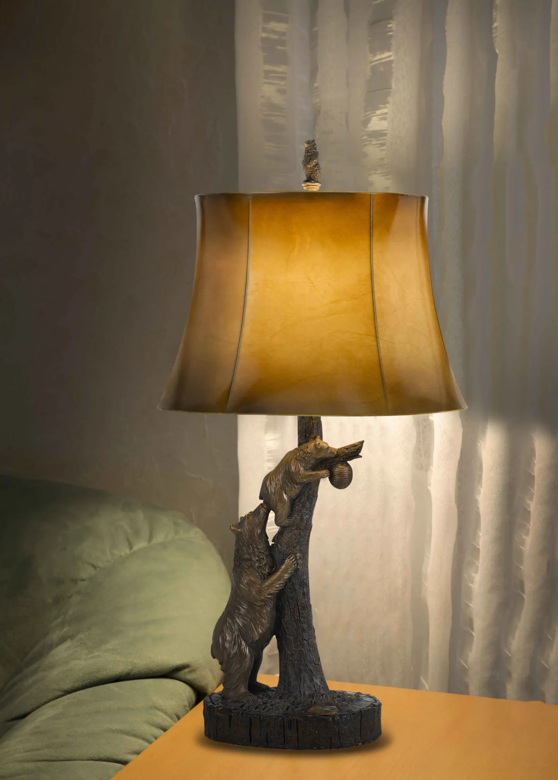 31" Bronze Bears After the Honey Table Lamp With Brown Faux Leather Shade - Image 4