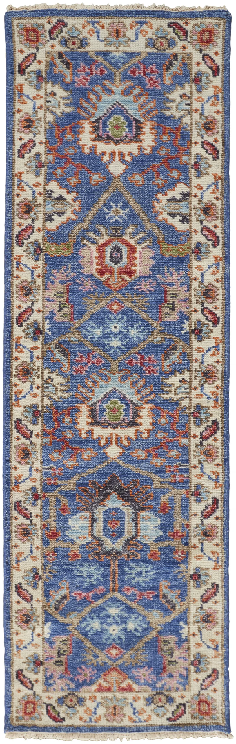 8' Blue and Beige Wool Floral Hand Knotted Runner Rug With Fringe - Image 2