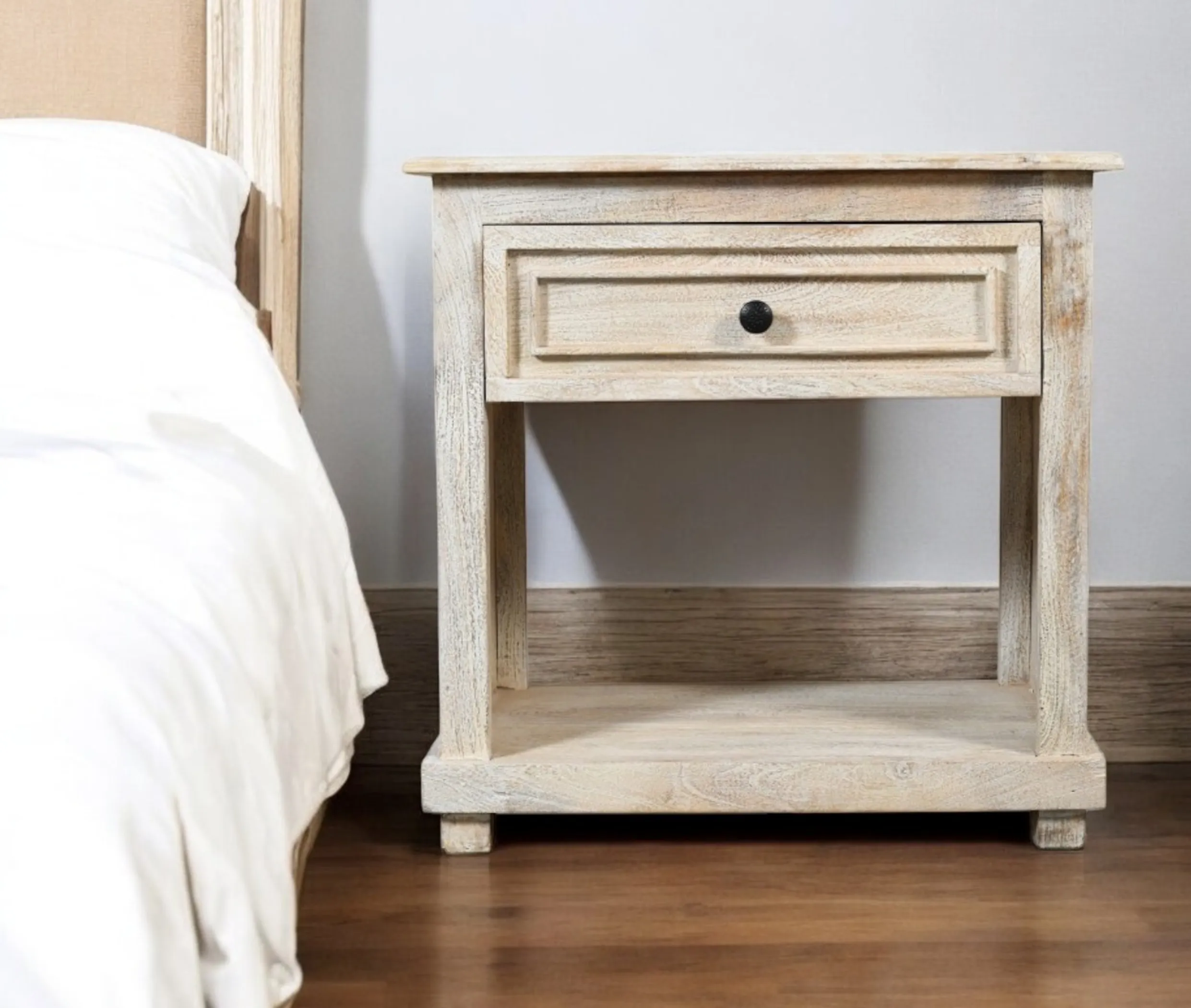 28" Distressed White One Drawer Solid Wood Nightstand