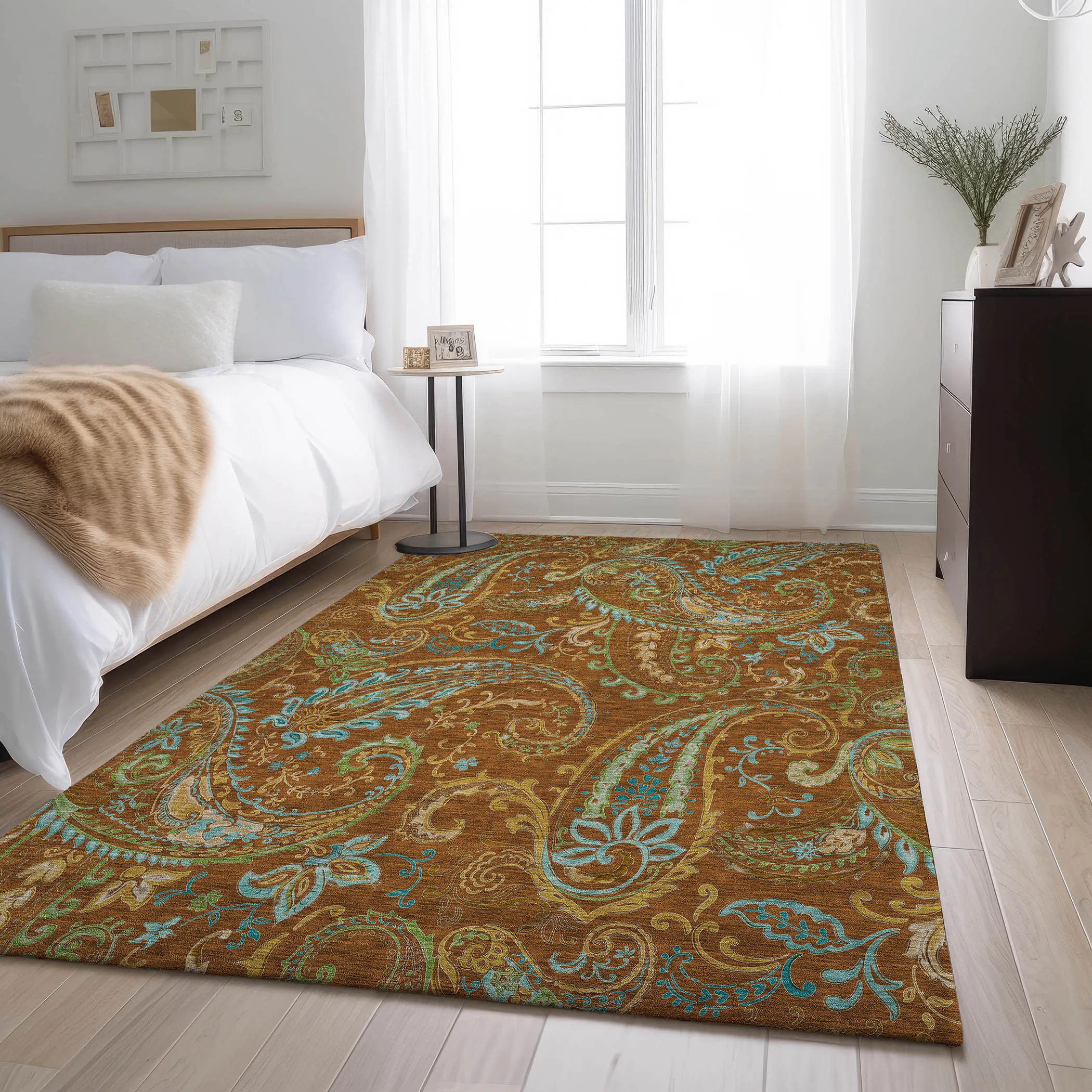 9' X 12' Rust Blue And Green Paisley Washable Area Rug With UV Protection - Image 5