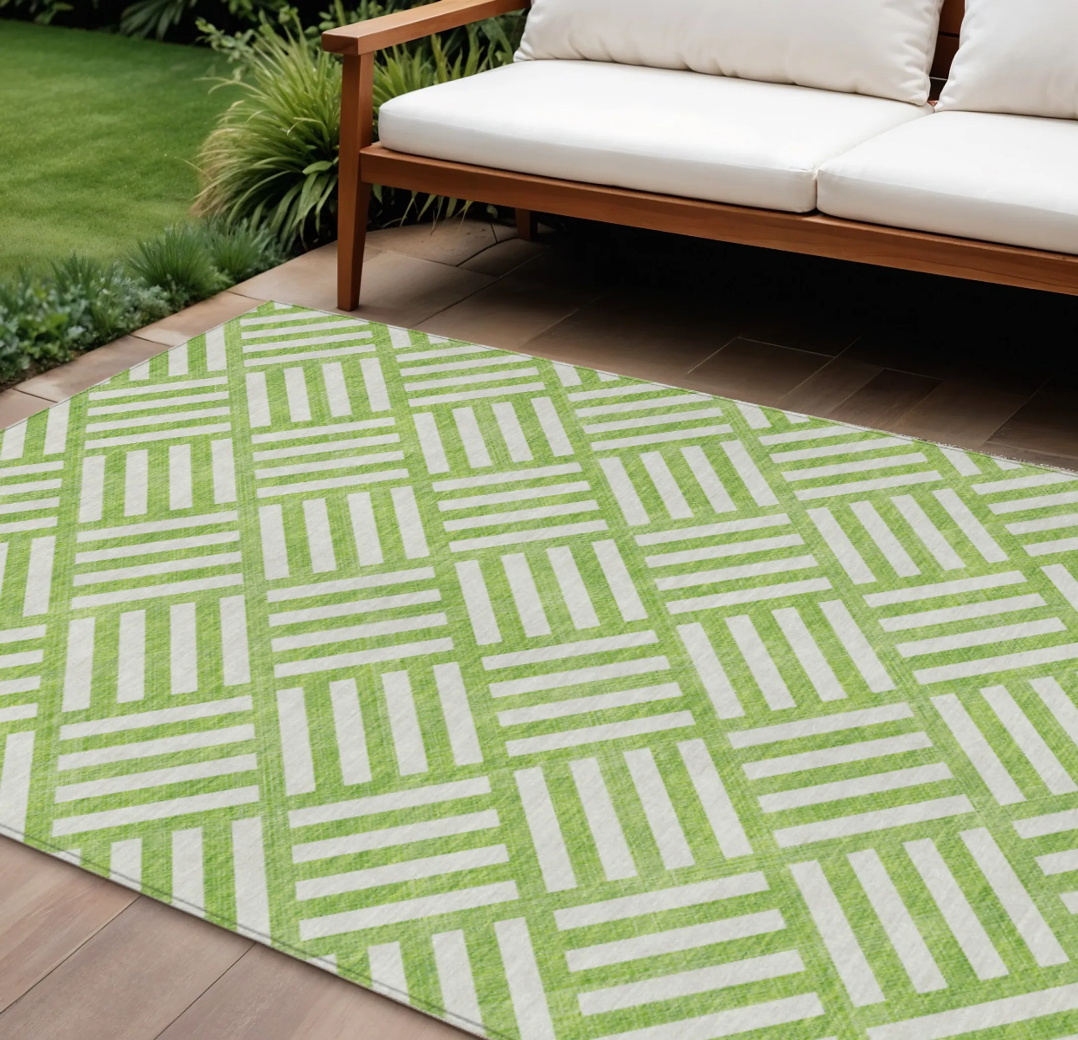 10' X 14' Lime Green And Ivory Geometric Washable Indoor Outdoor Area Rug