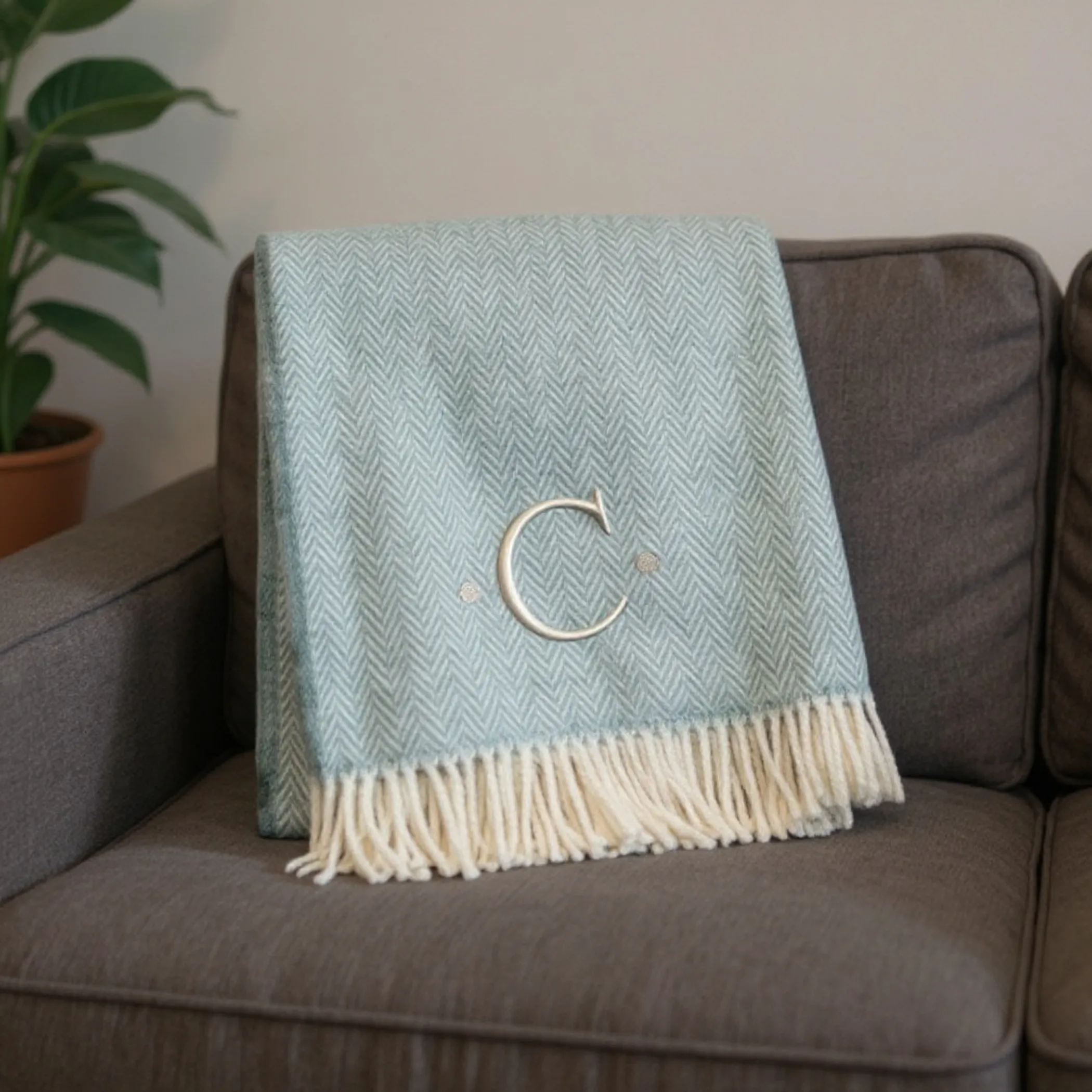 Herringbone Cotton Blend C Initial Throw Blanket with Tassels And Embroidery - Image 2