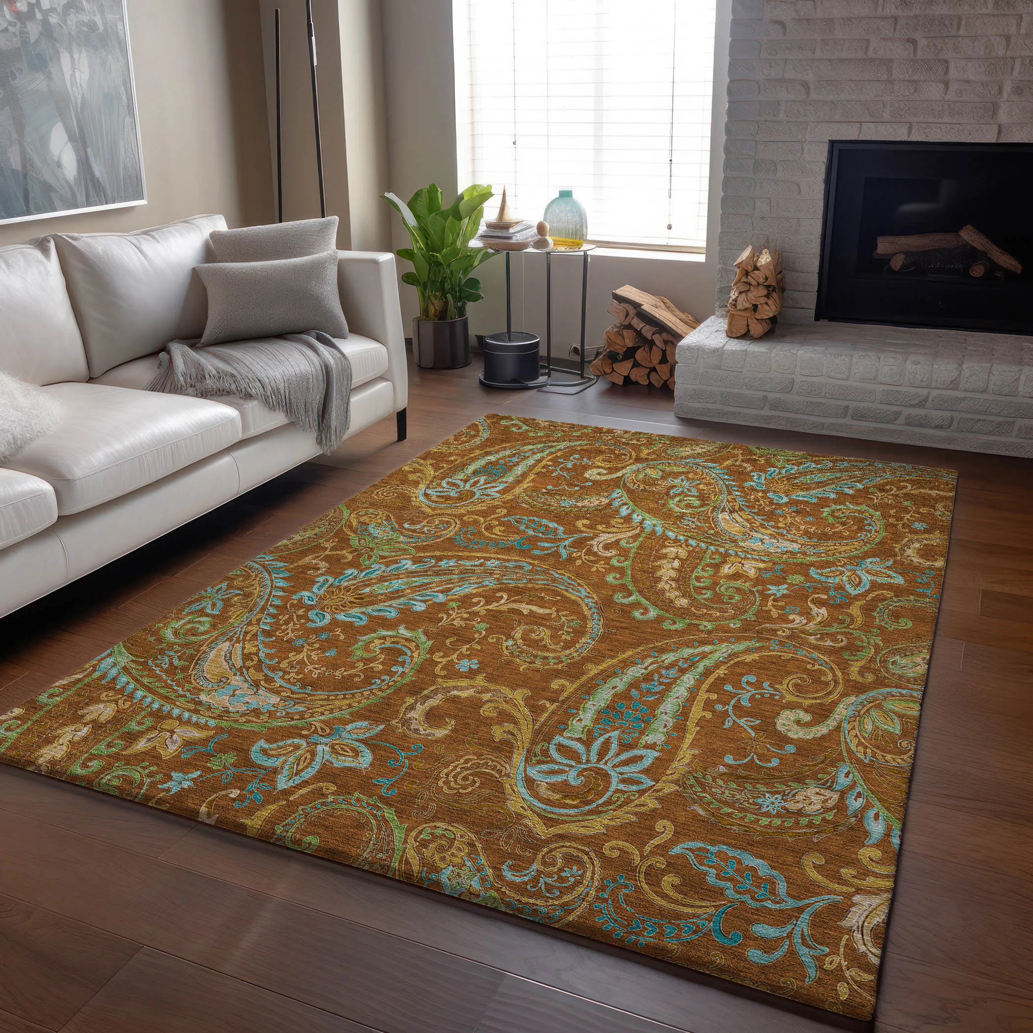 9' X 12' Rust Blue And Green Paisley Washable Area Rug With UV Protection - Image 6