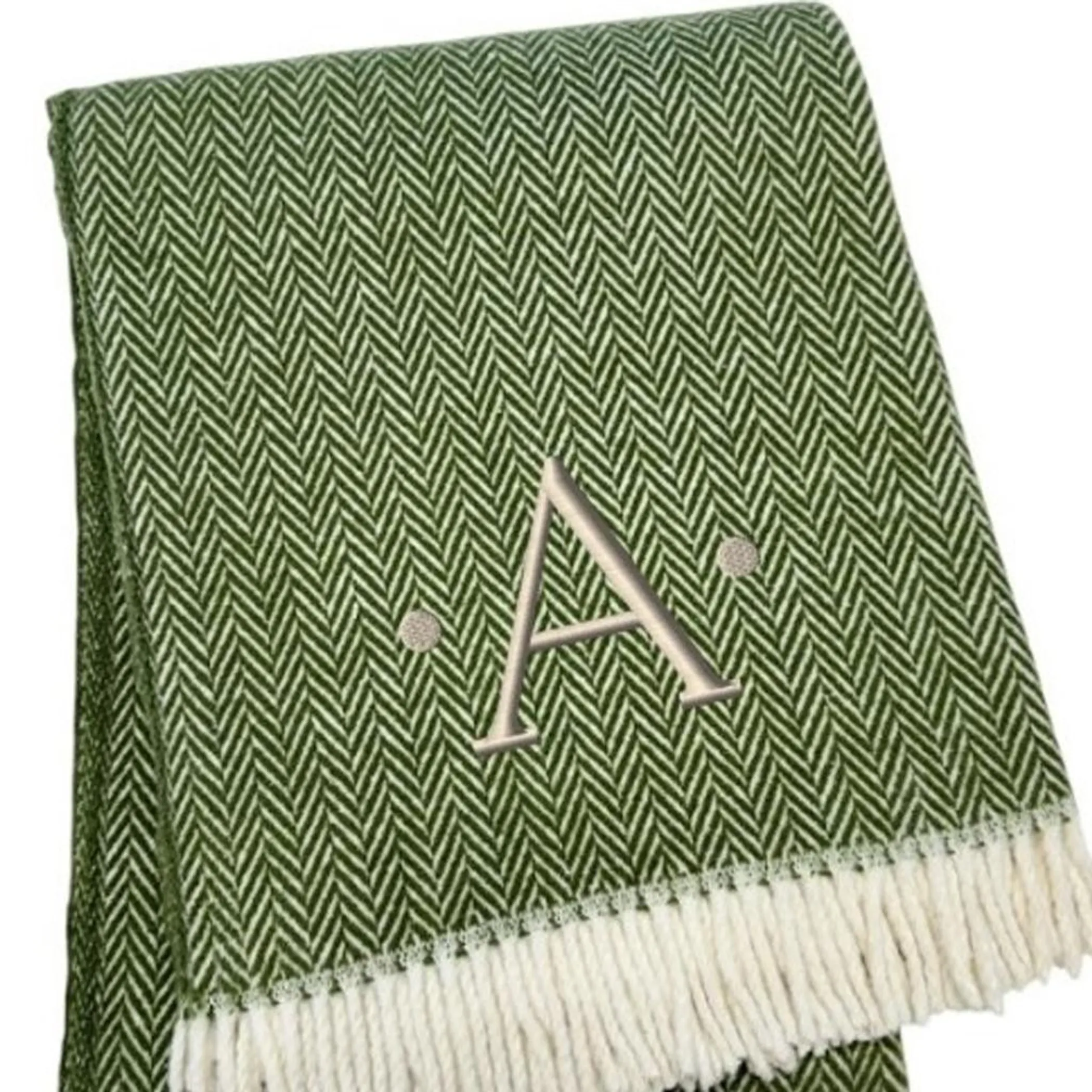 Herringbone Cotton Blend A Initial Throw Blanket with Tassels And Embroidery - Image 4