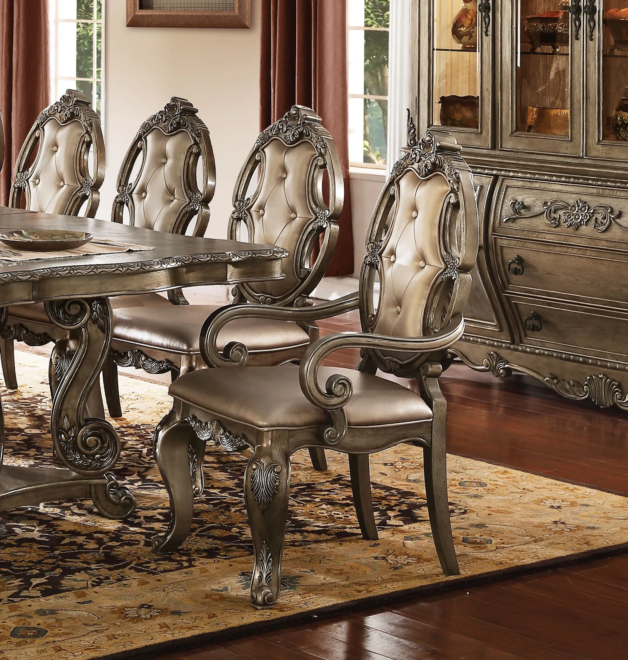 Set of Two Upholstered Faux Leather And Solid Wood Dining Arm Chairs - Image 6