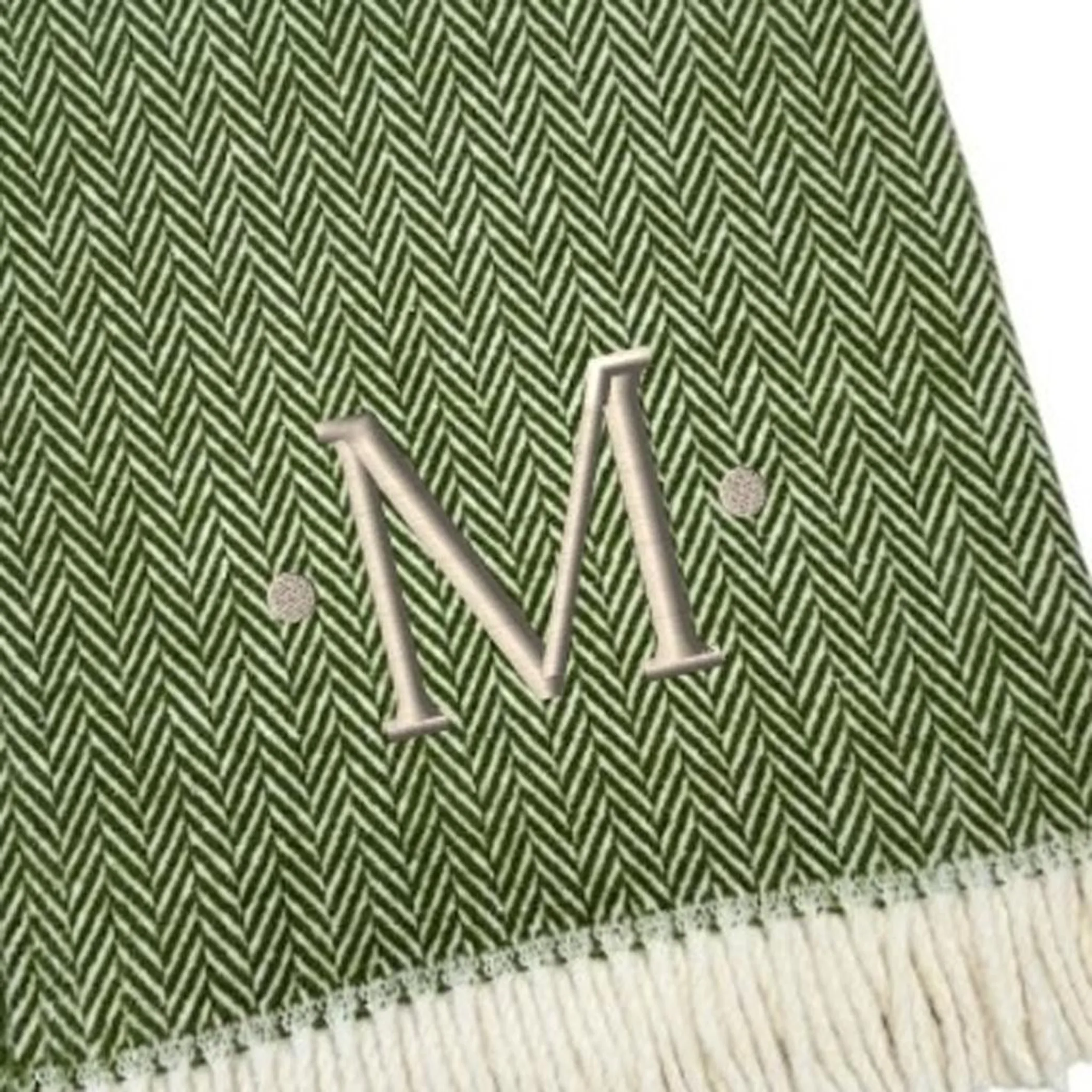 Herringbone Cotton Blend M Initial Throw Blanket with Tassels And Embroidery - Image 4
