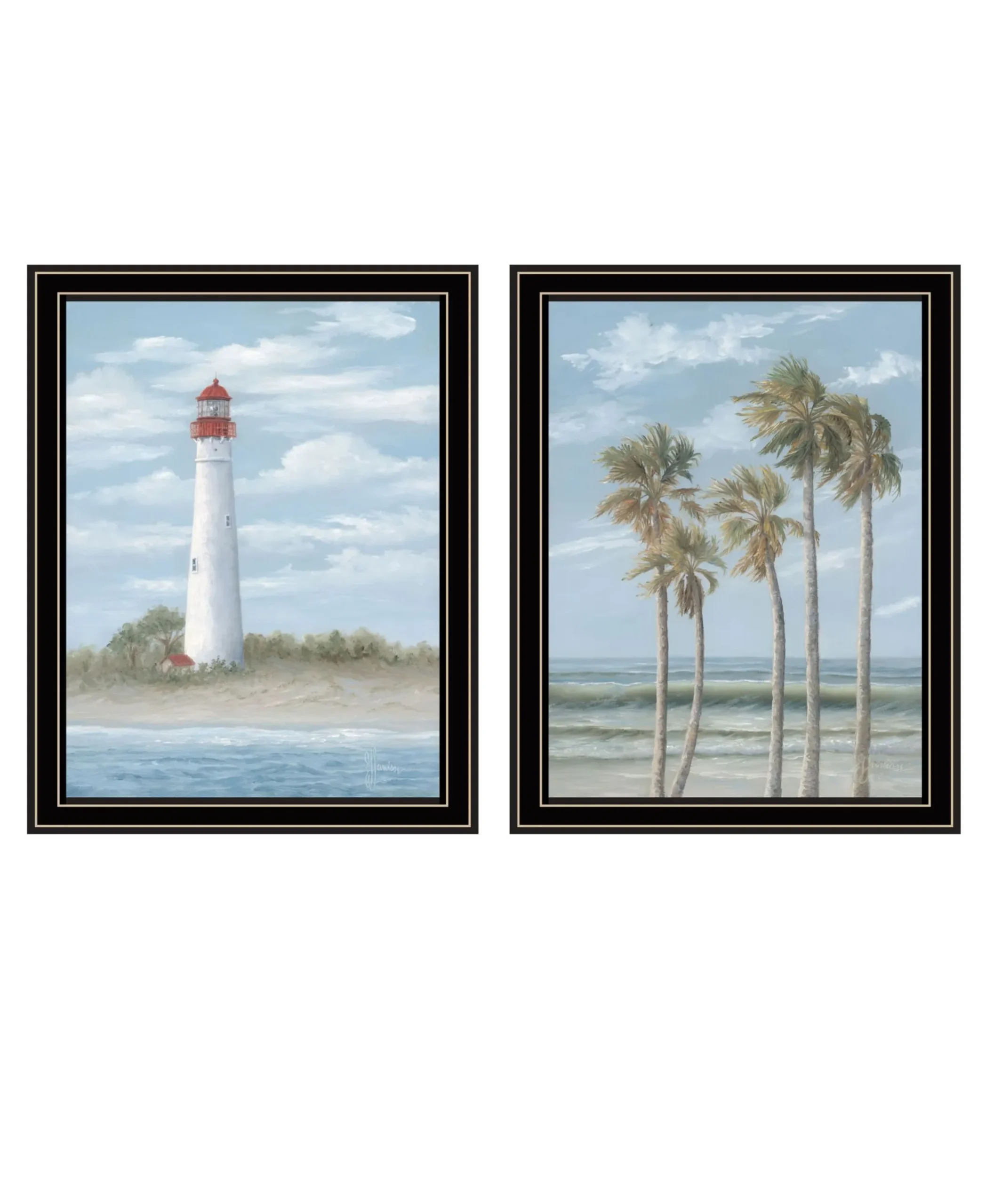 Set Of Two Cape May Lighthouse And Palm Trees Black Framed Wall Art - Image 2