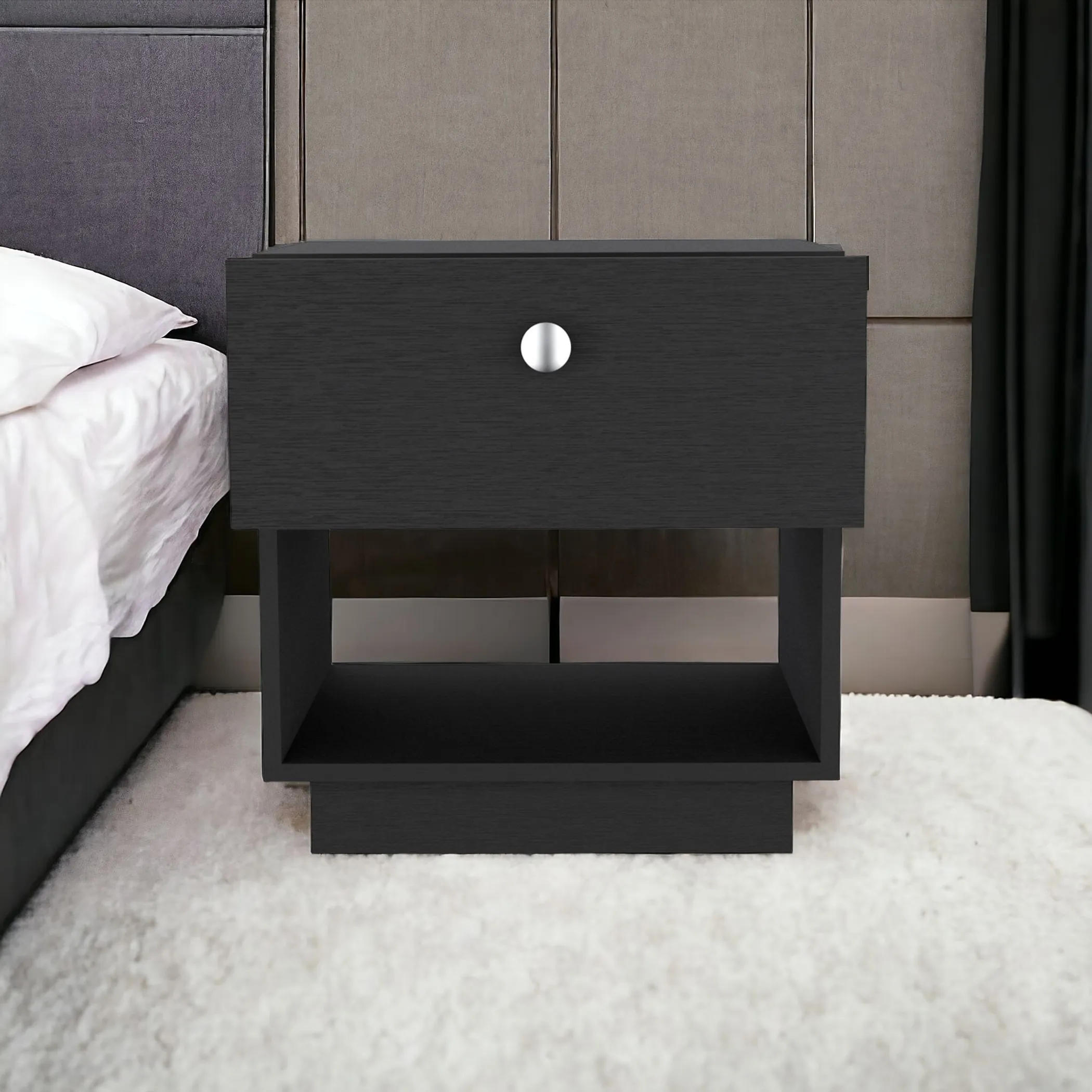 20" Black One Drawer Faux Wood Nightstand - Image 2