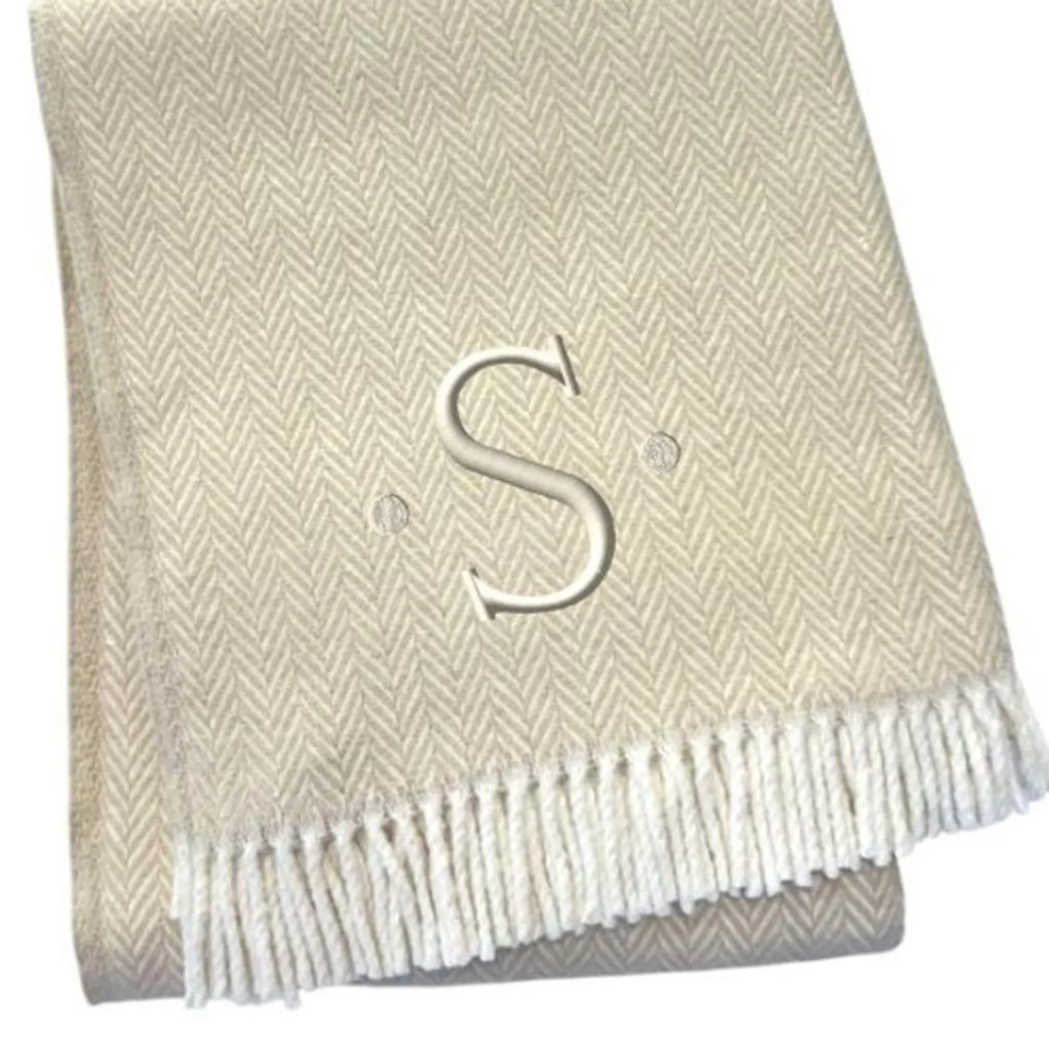 Herringbone Cotton Blend S Initial Throw Blanket with Tassels And Embroidery - Image 4