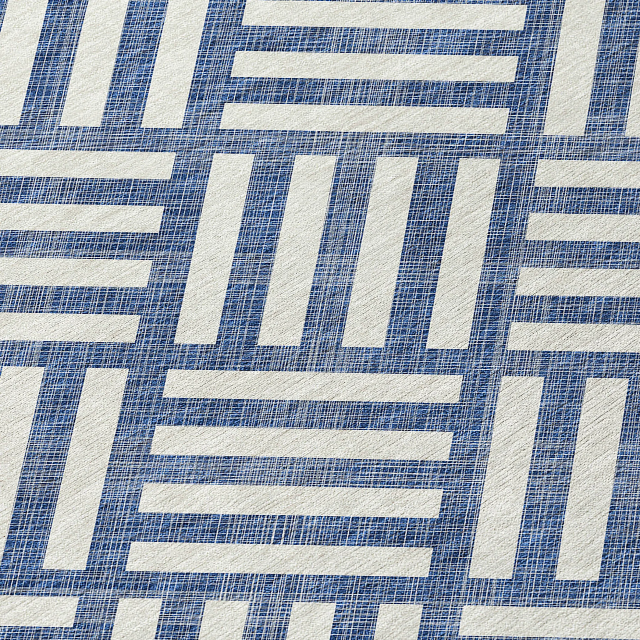 10' X 14' Navy Blue And Ivory Geometric Washable Indoor Outdoor Area Rug - Image 5