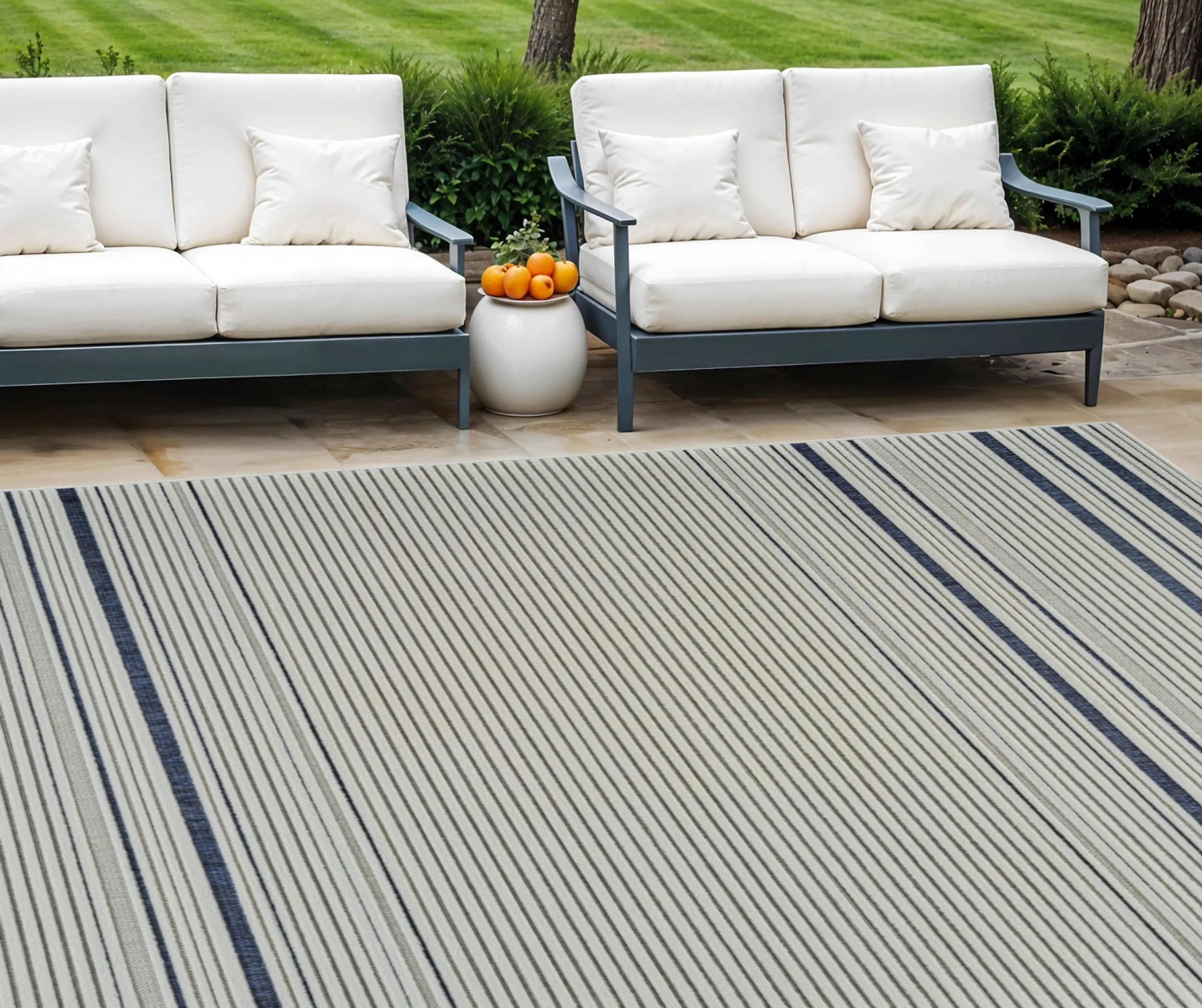 6' X 9' Blue and Cream Striped Distressed Indoor Outdoor Area Rug