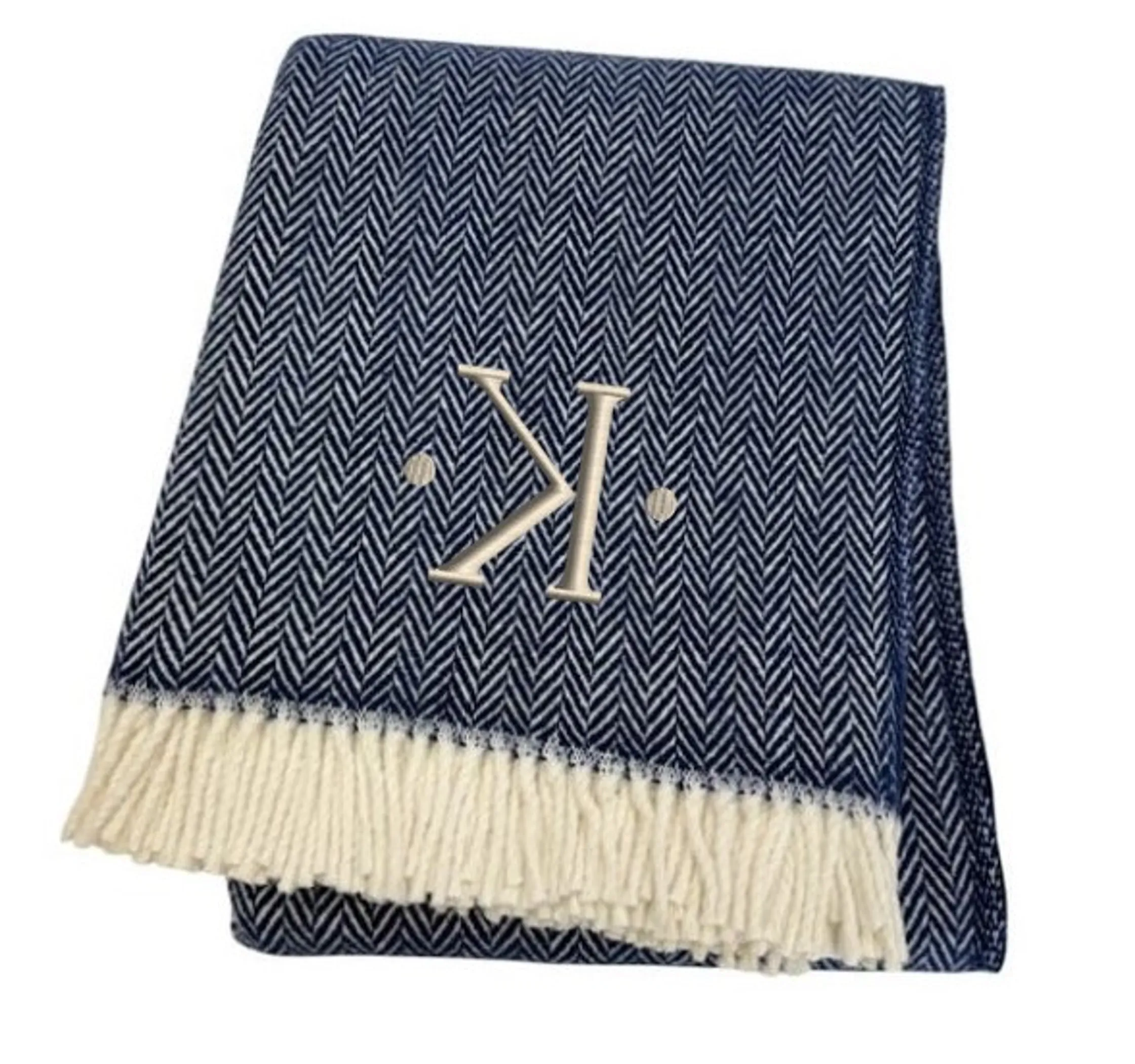 Herringbone Cotton Blend K Initial Throw Blanket with Tassels And Embroidery - Image 4