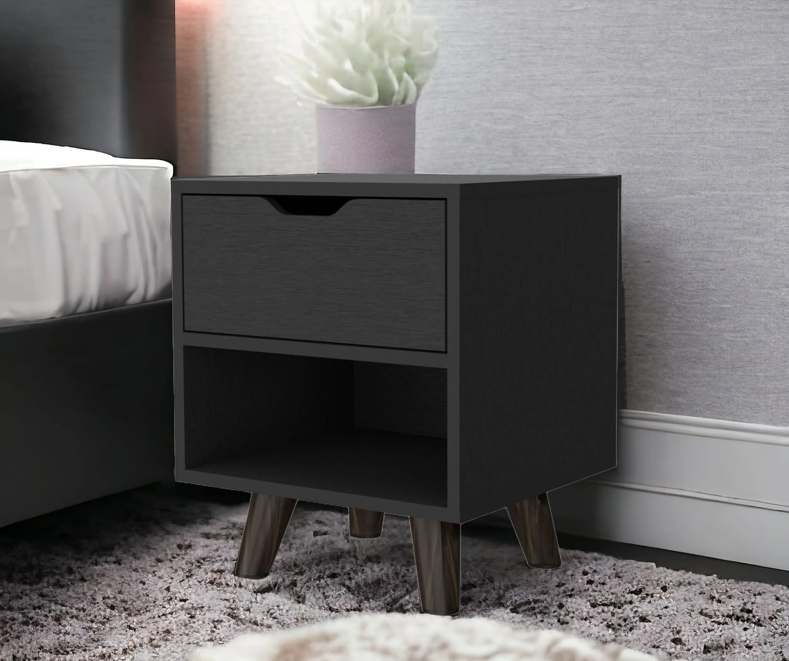 19" Black One Drawer Faux Wood Nightstand - Image 2