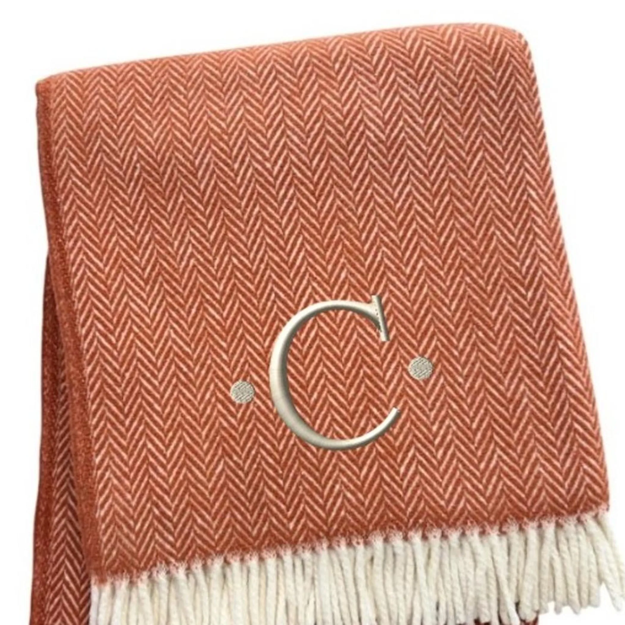 Herringbone Cotton Blend C Initial Throw Blanket with Tassels And Embroidery - Image 4