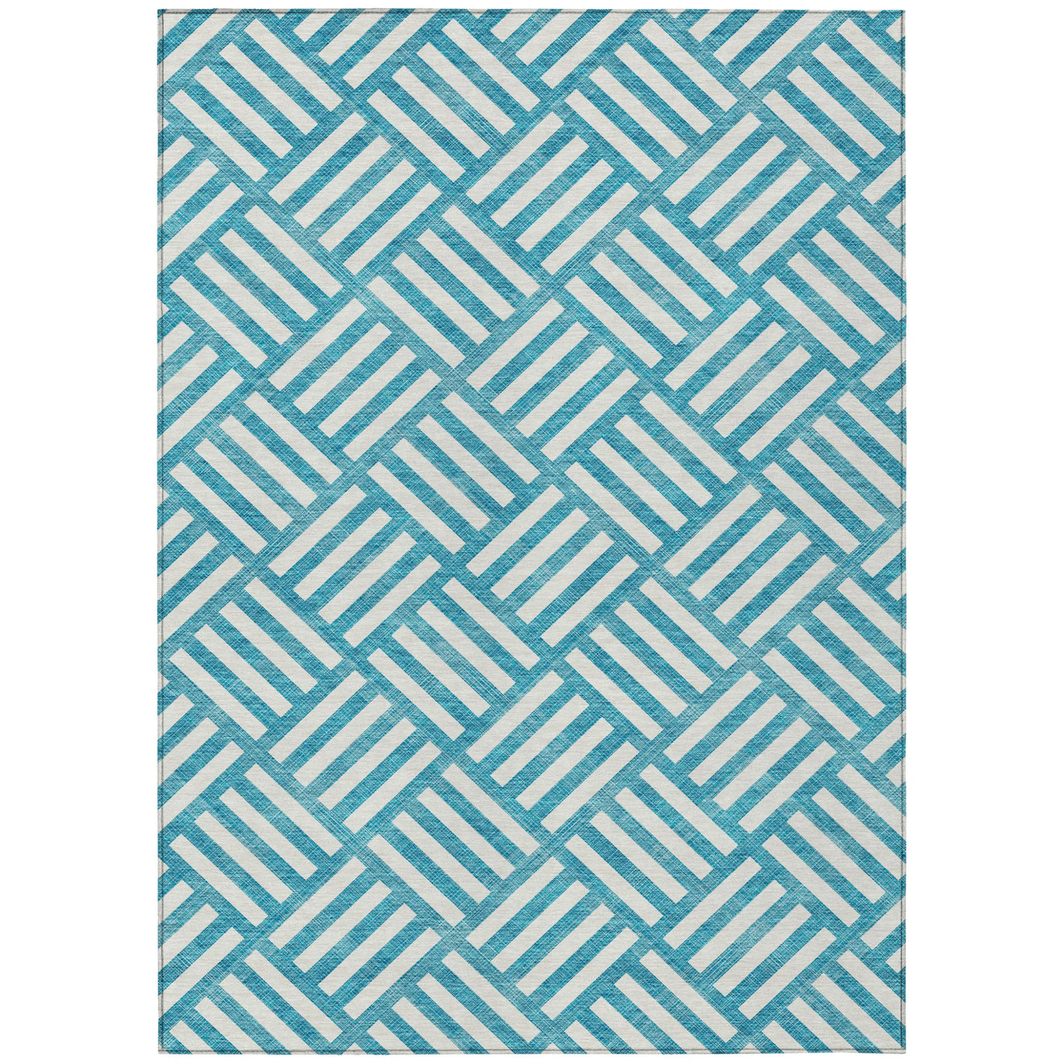 9' X 12' Teal Blue And Ivory Geometric Washable Indoor Outdoor Area Rug - Image 2