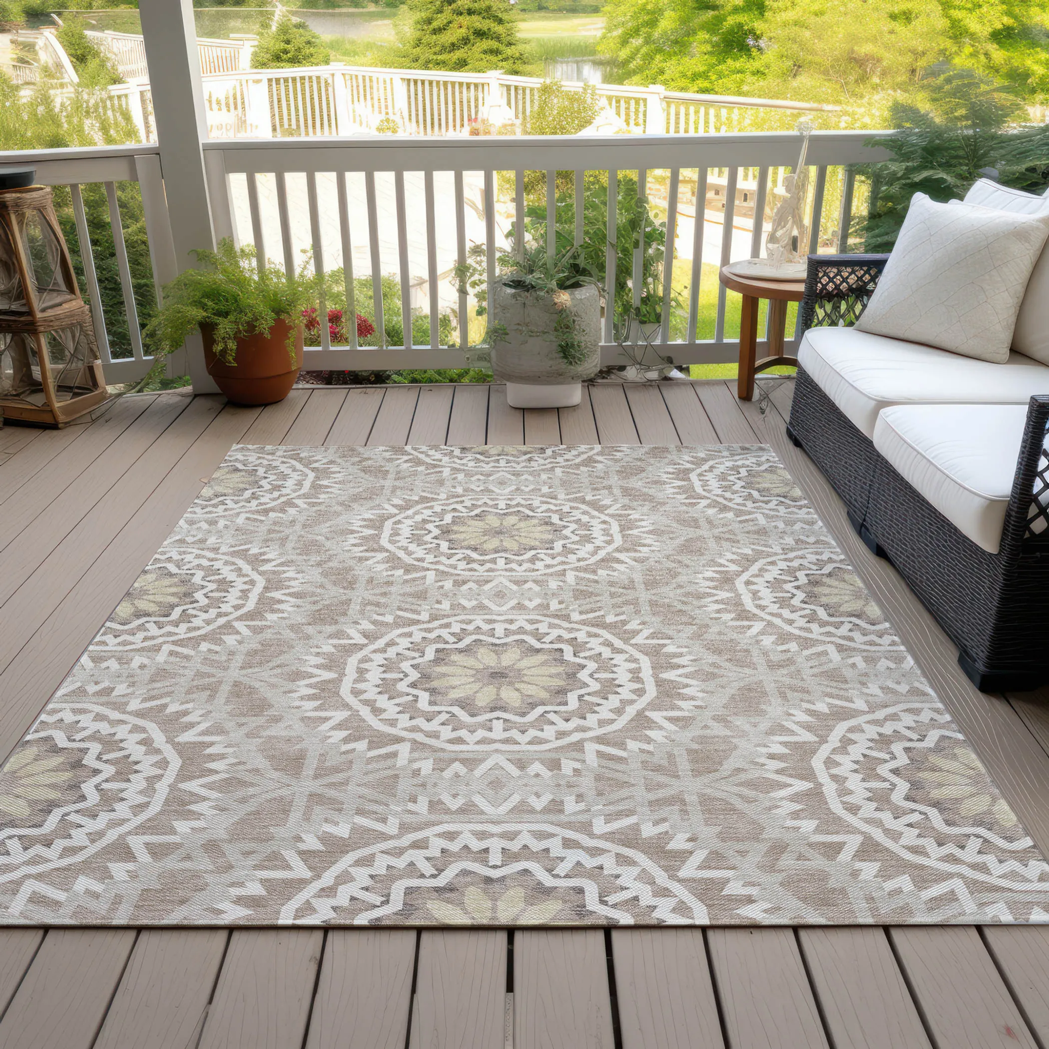 10' X 14' Taupe Khaki And Ivory Floral Medallion Washable Indoor Outdoor Area Rug - Image 6