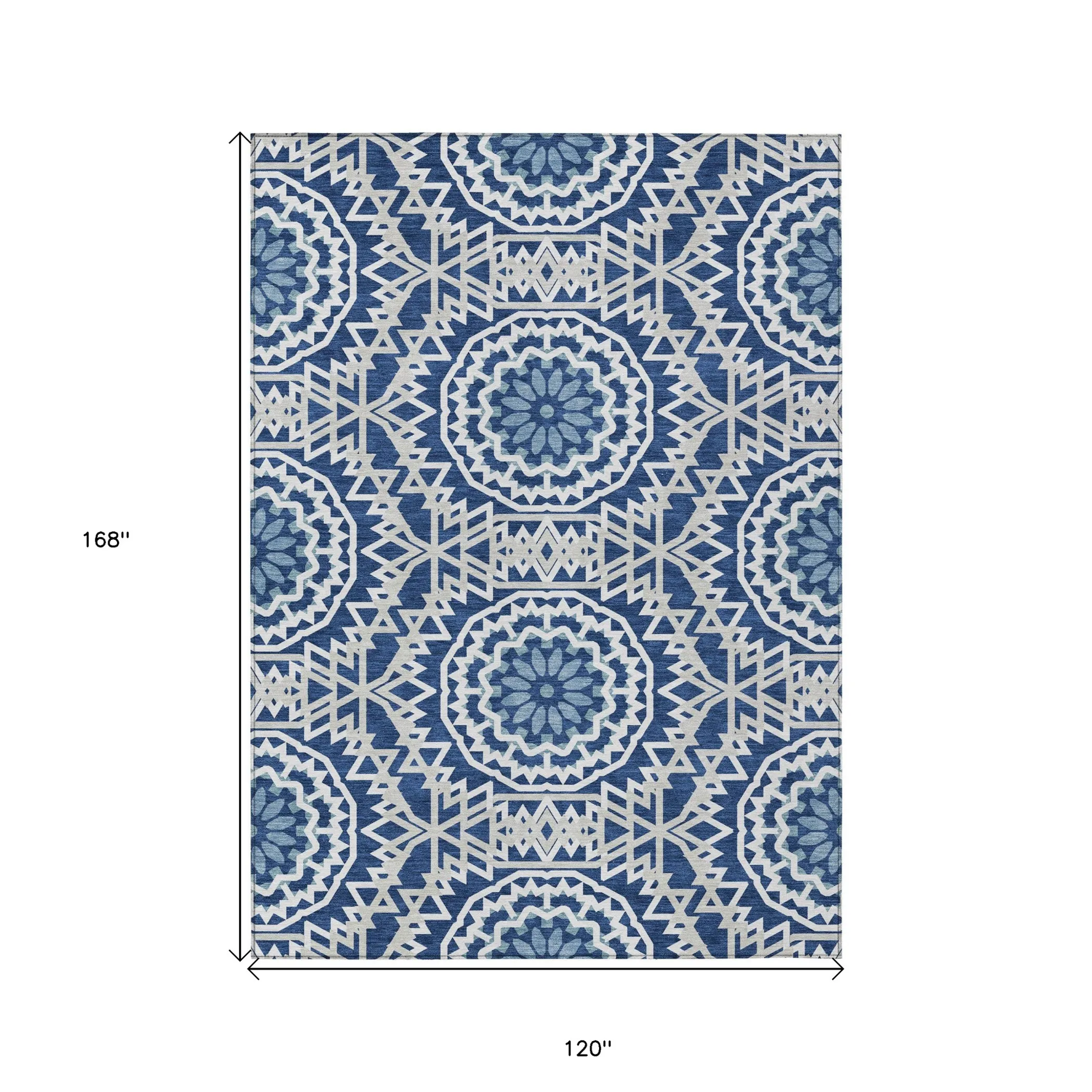 10' X 14' Navy Blue Ivory And Gray Floral Medallion Washable Indoor Outdoor Area Rug - Image 3