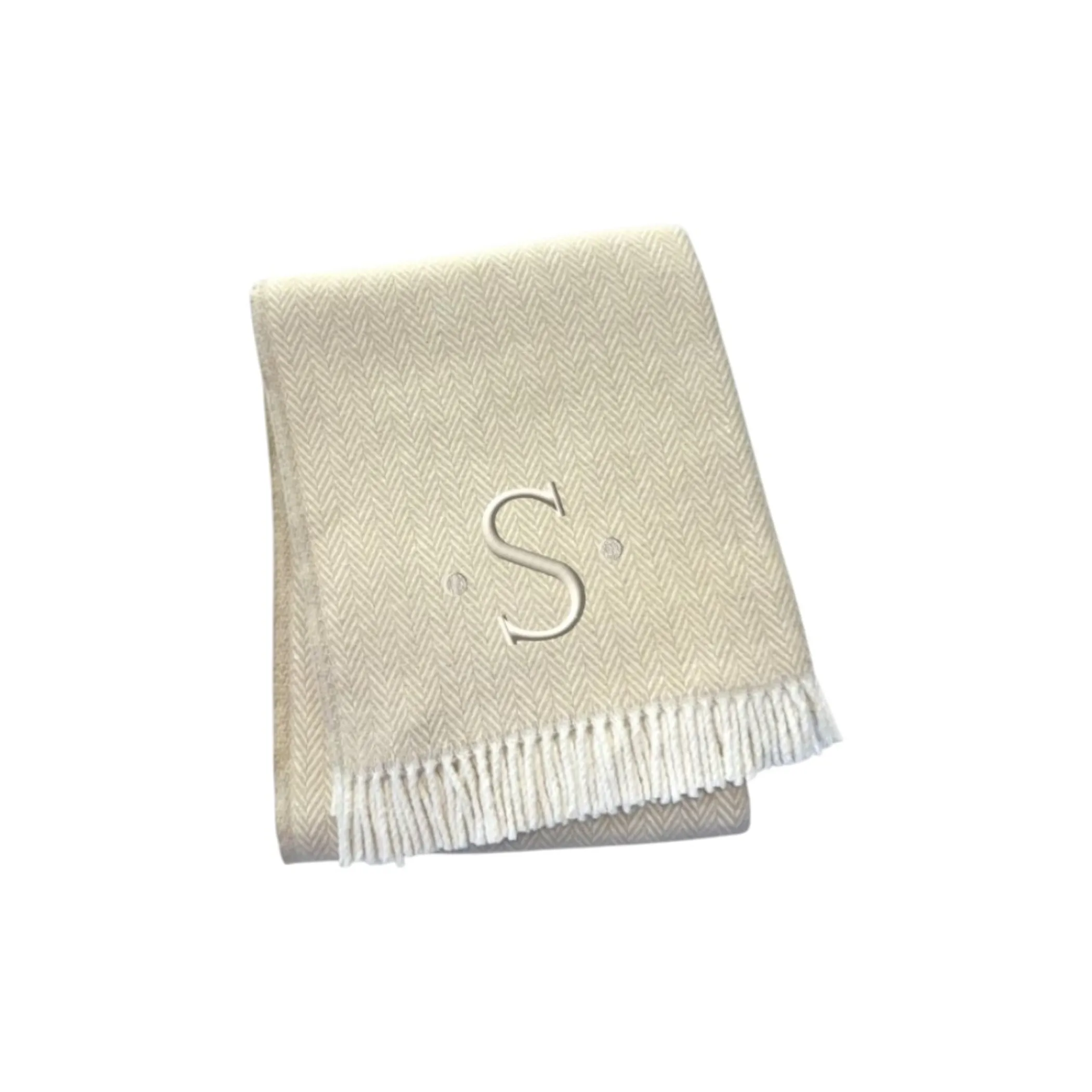 Herringbone Cotton Blend S Initial Throw Blanket with Tassels And Embroidery