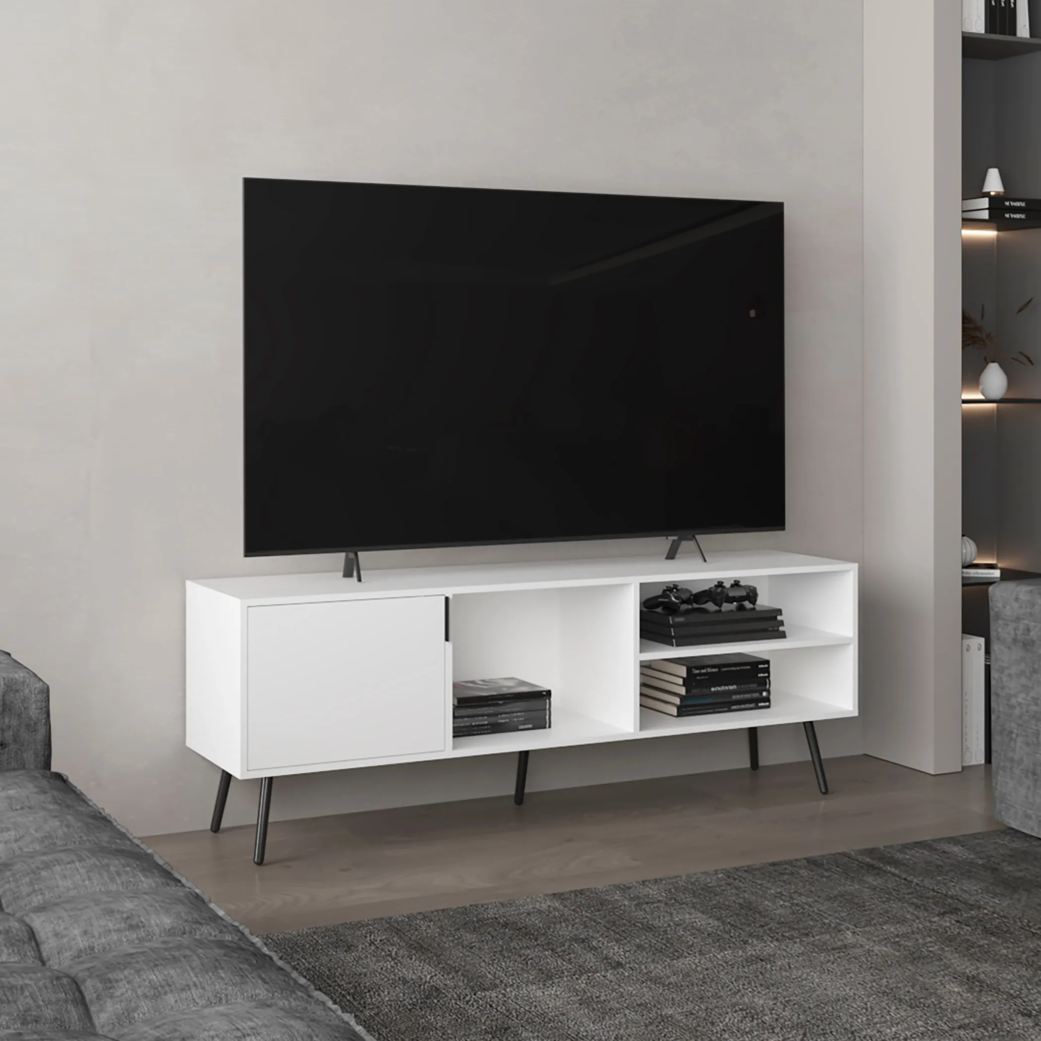 Vulcan 63" Wide Tv Stand with One Cabinet, Three Open Shelves