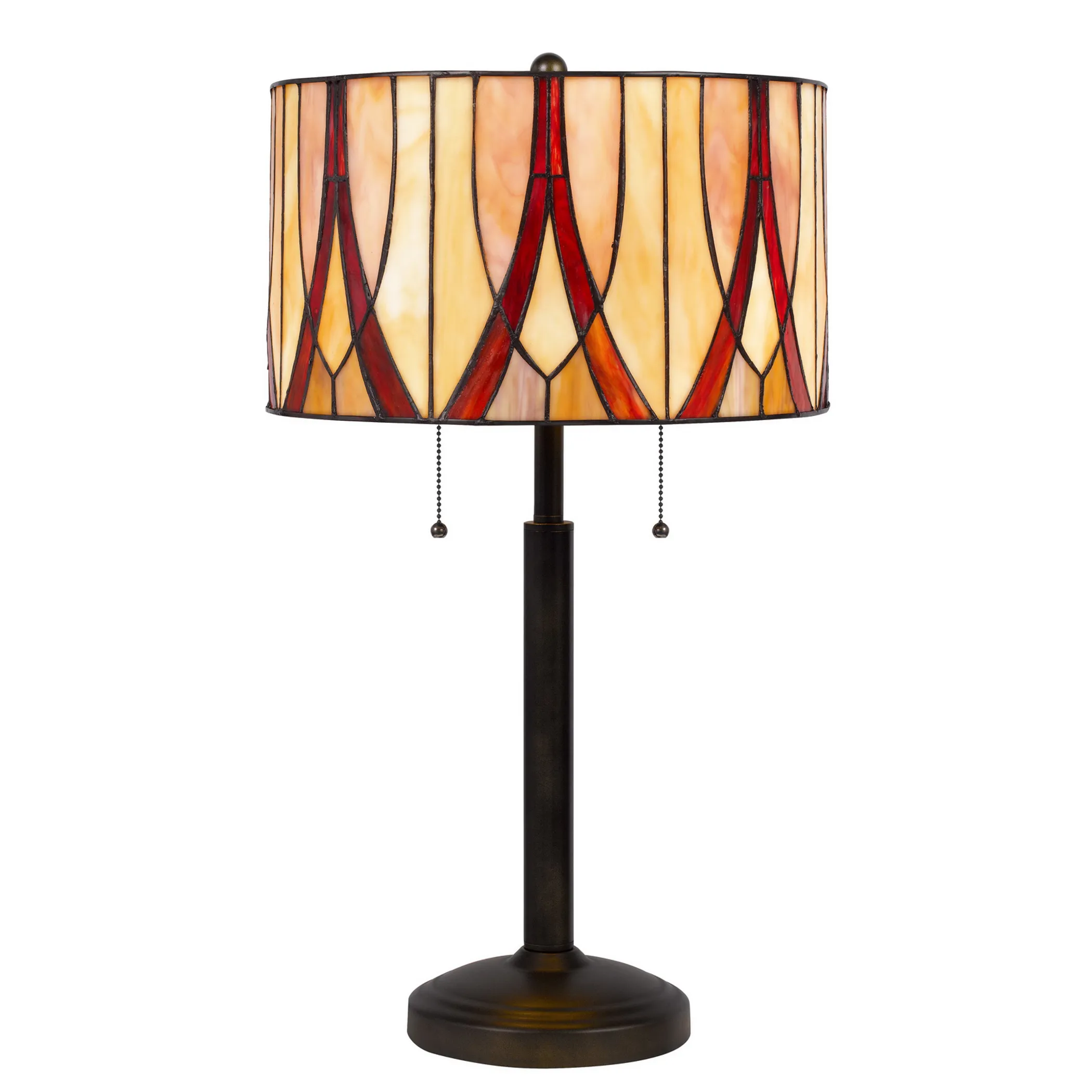 24" Bronze Metal Two Light Table Lamp With Red And Ivory Drum Shade - Image 2