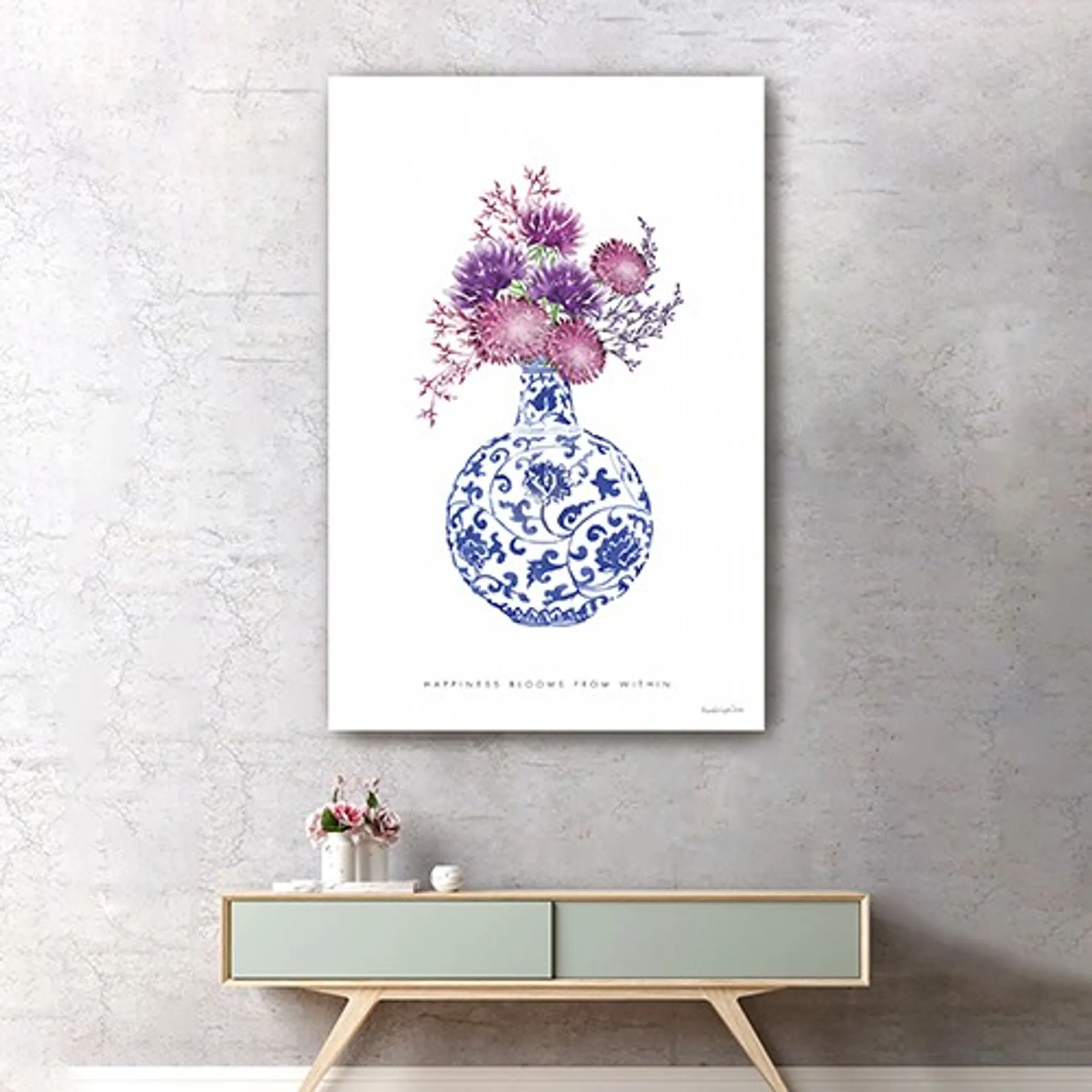 48" x 32" Blue and White Happiness Floral Vase Canvas Wall Art - Image 4