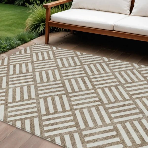 10' X 14' Brown And Ivory Geometric Washable Indoor Outdoor Area Rug
